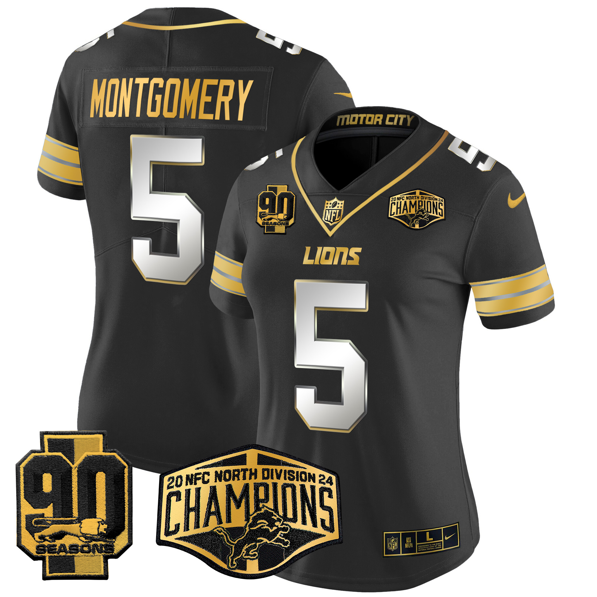 David Montgomery Women's Detroit Lions 2024 NFC North Division Champions Patch Gold Vapor Limited Black Limited Jersey - All Stitched