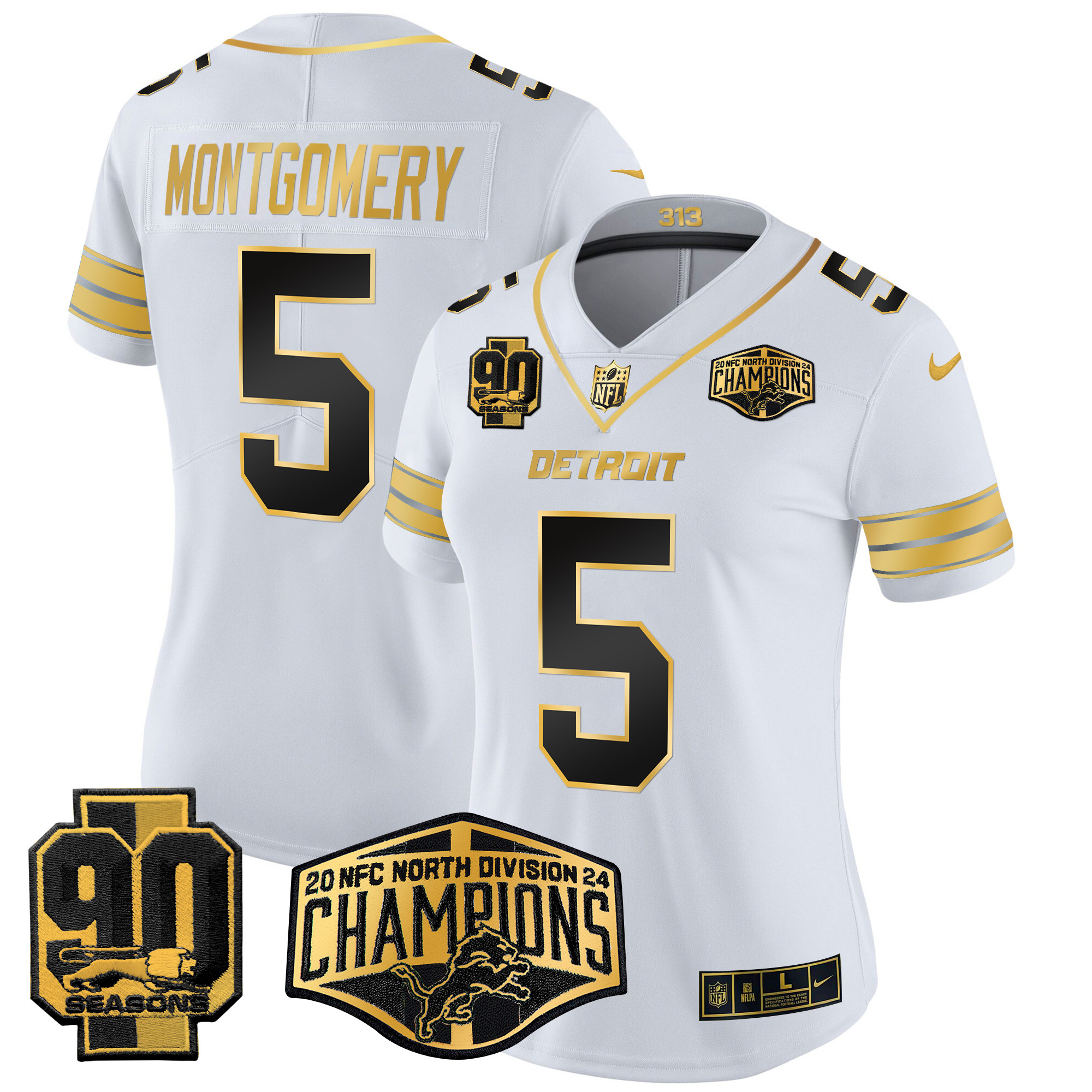 David Montgomery Women's Detroit Lions 2024 NFC North Division Champions Patch Gold Vapor Limited White Gold Jersey - All Stitched