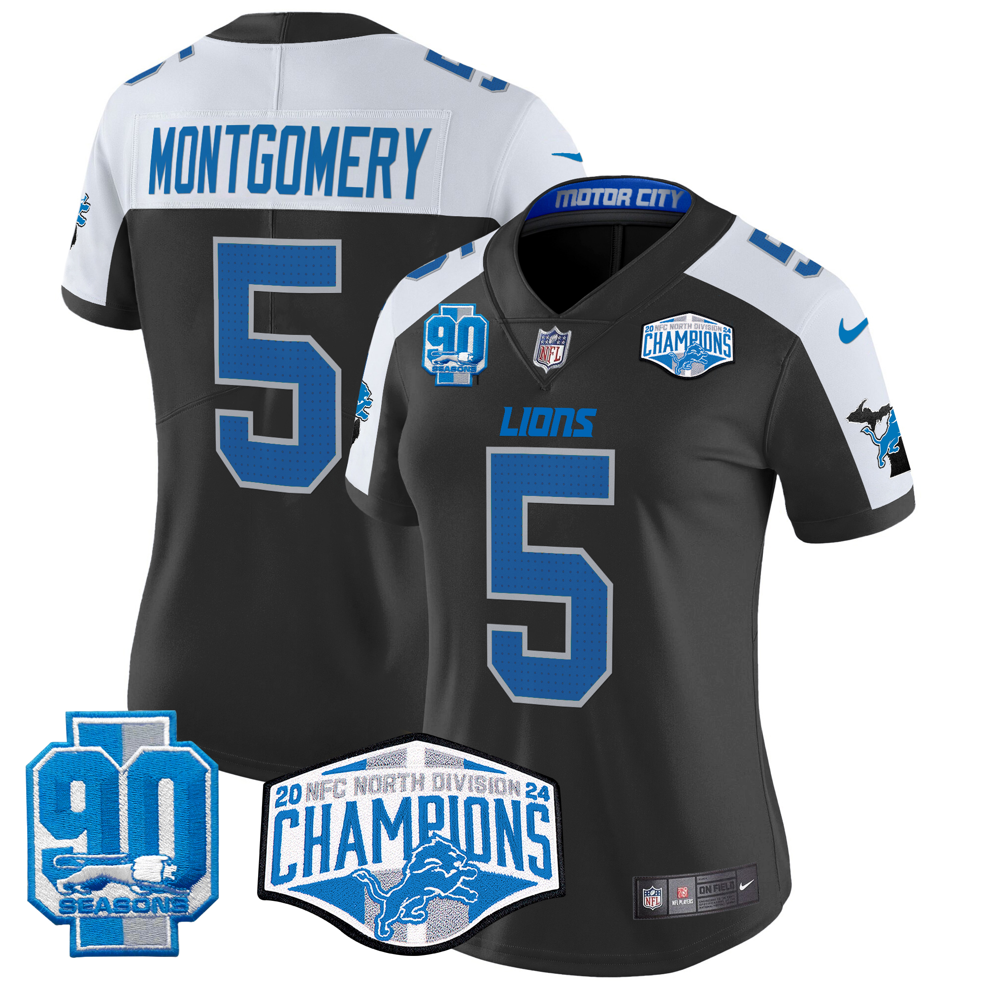 David Montgomery Women's Detroit Lions 2024 NFC North Division Champions Patch Vapor Limited Black Alternate Jersey - All Stitched