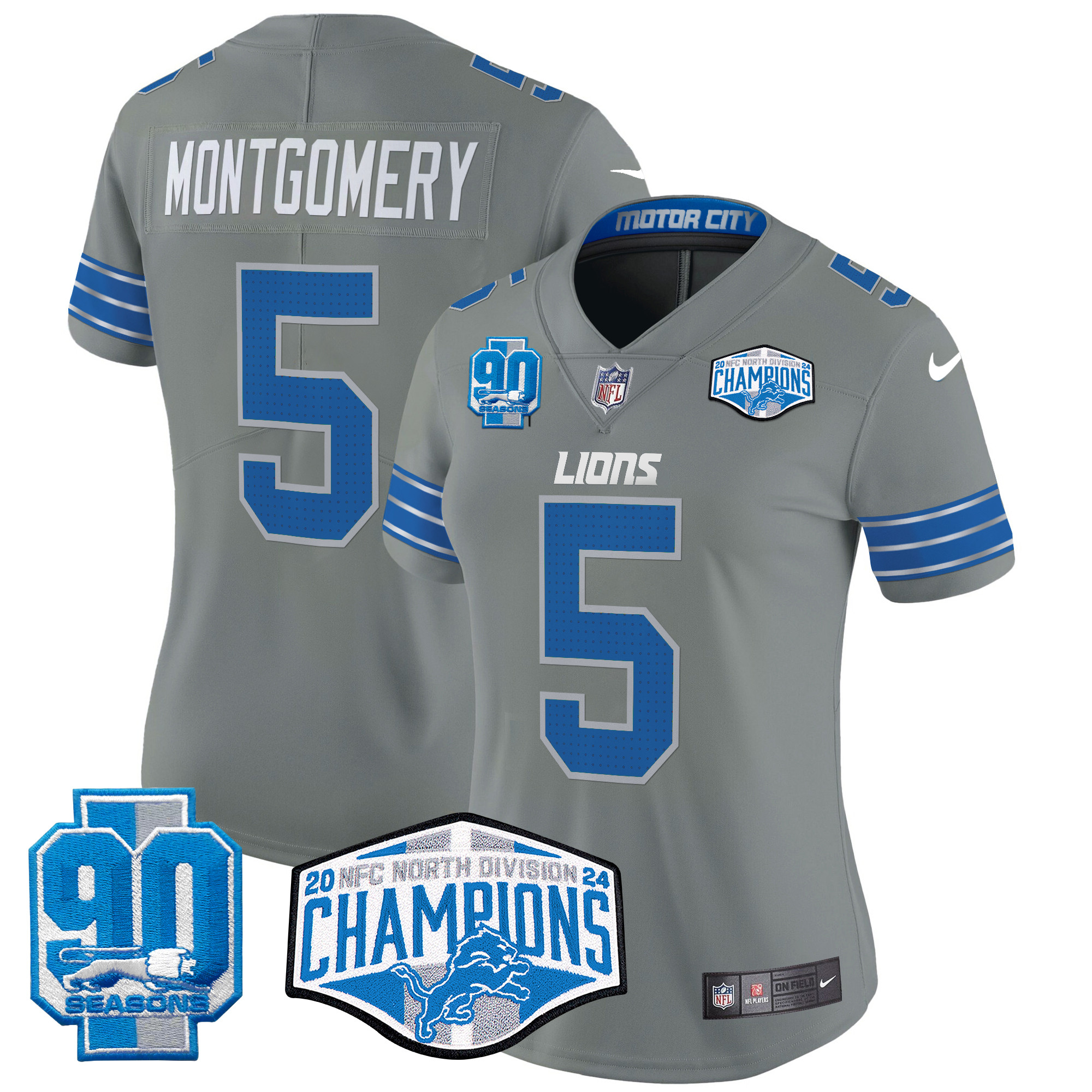 David Montgomery Women's Detroit Lions 2024 NFC North Division Champions Patch Vapor Limited Gray Jersey - All Stitched