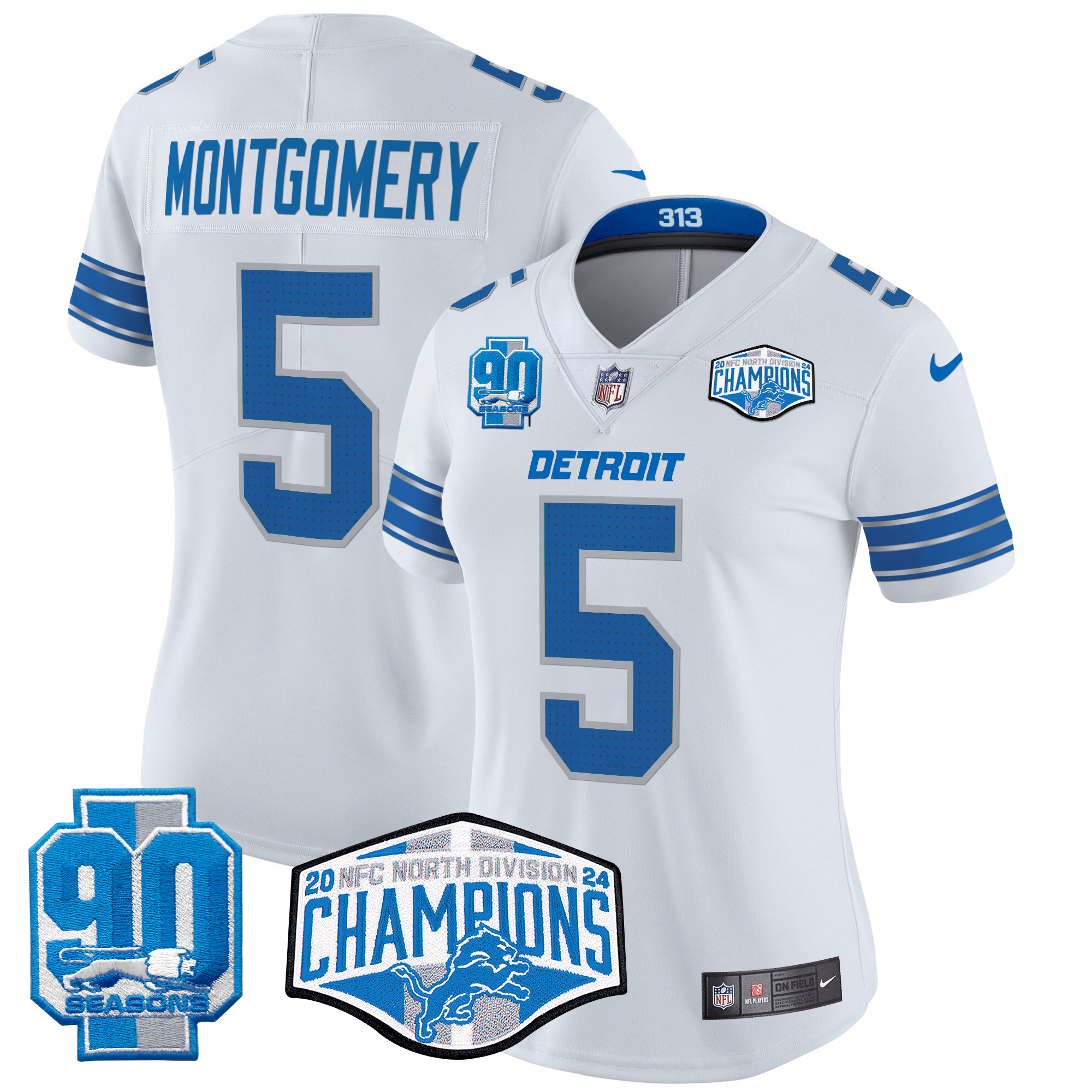 David Montgomery Women's Detroit Lions 2024 NFC North Division Champions Patch Vapor Limited White Jersey - All Stitched
