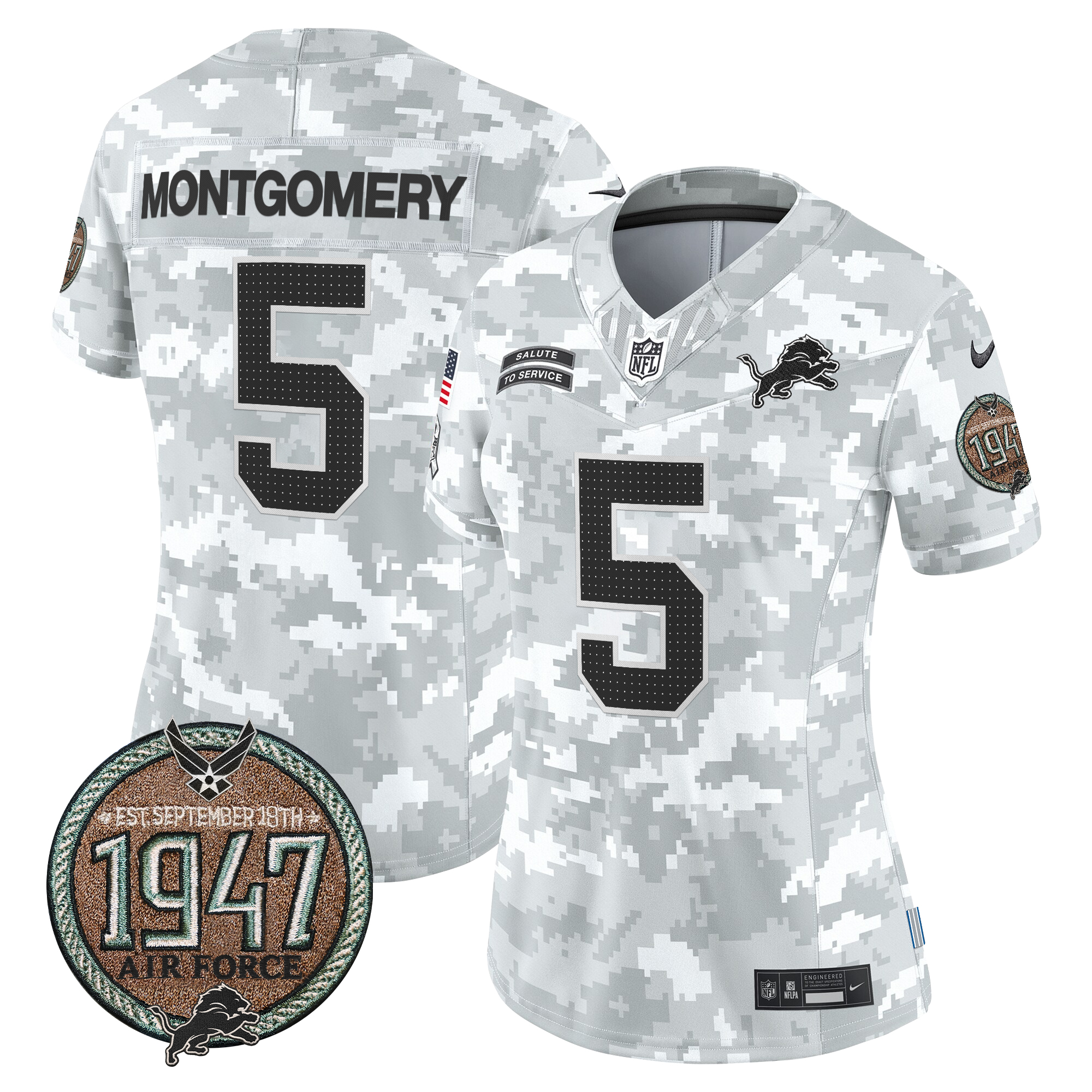 David Montgomery Women's Detroit Lions 2024 Salute to Service Establishment Year Patch Vapor Limited Air Force Jersey - All Stitched