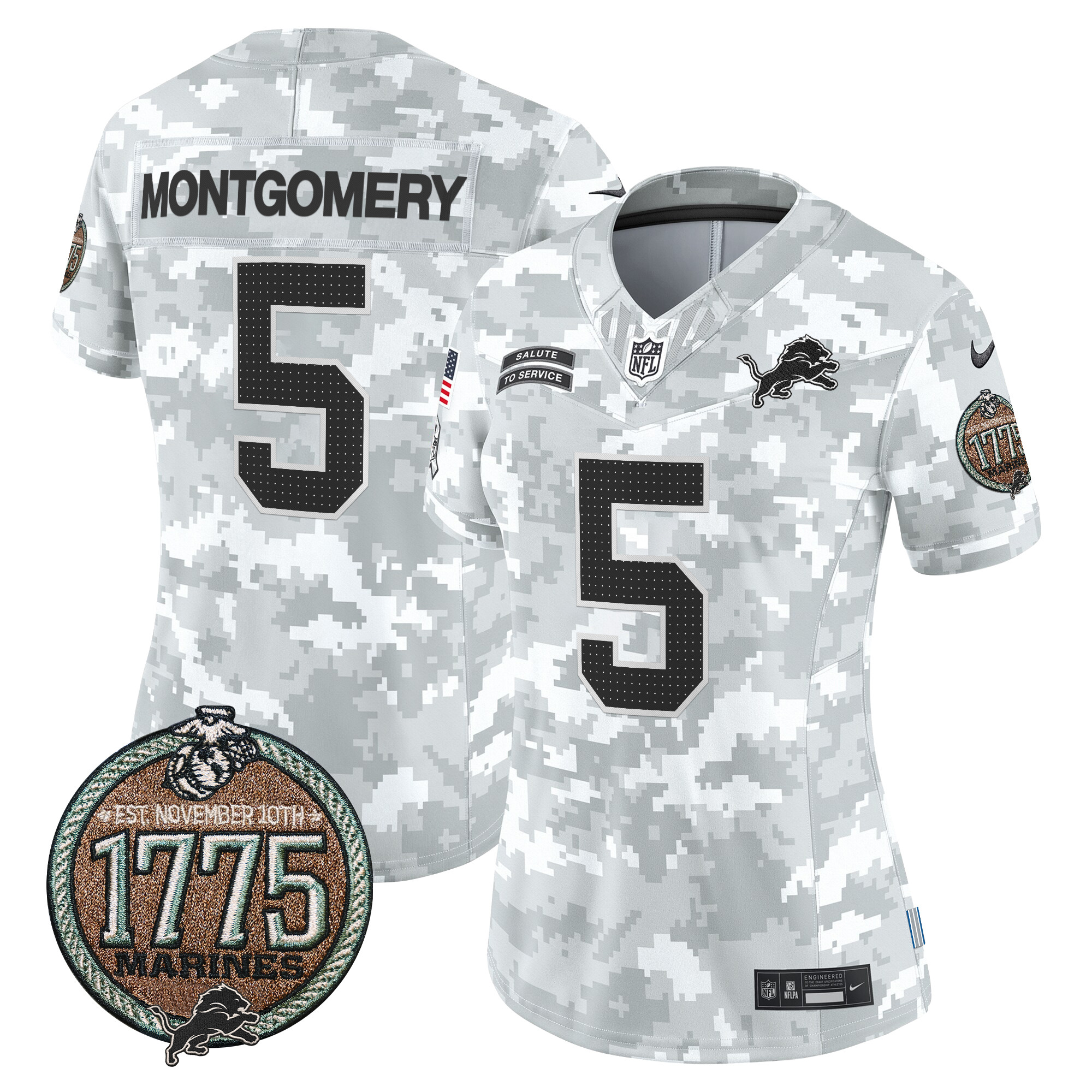 David Montgomery Women's Detroit Lions 2024 Salute to Service Establishment Year Patch Vapor Limited Marines Jersey - All Stitched