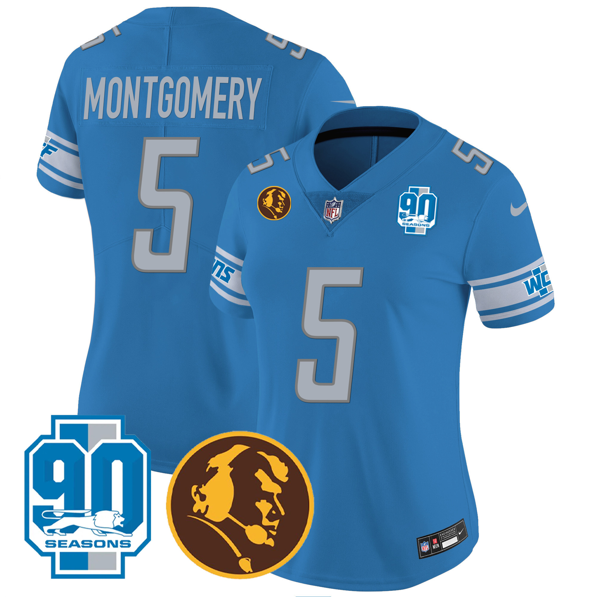 David Montgomery Women's Detroit Lions 90th & John Madden Patch Blue Jersey - All Stitched