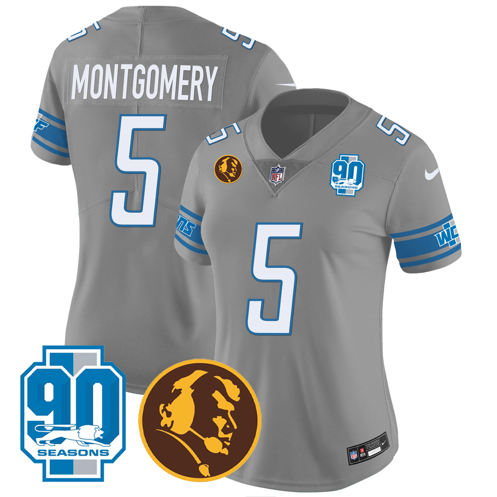 David Montgomery Women's Detroit Lions 90th & John Madden Patch Gray Jersey - All Stitched