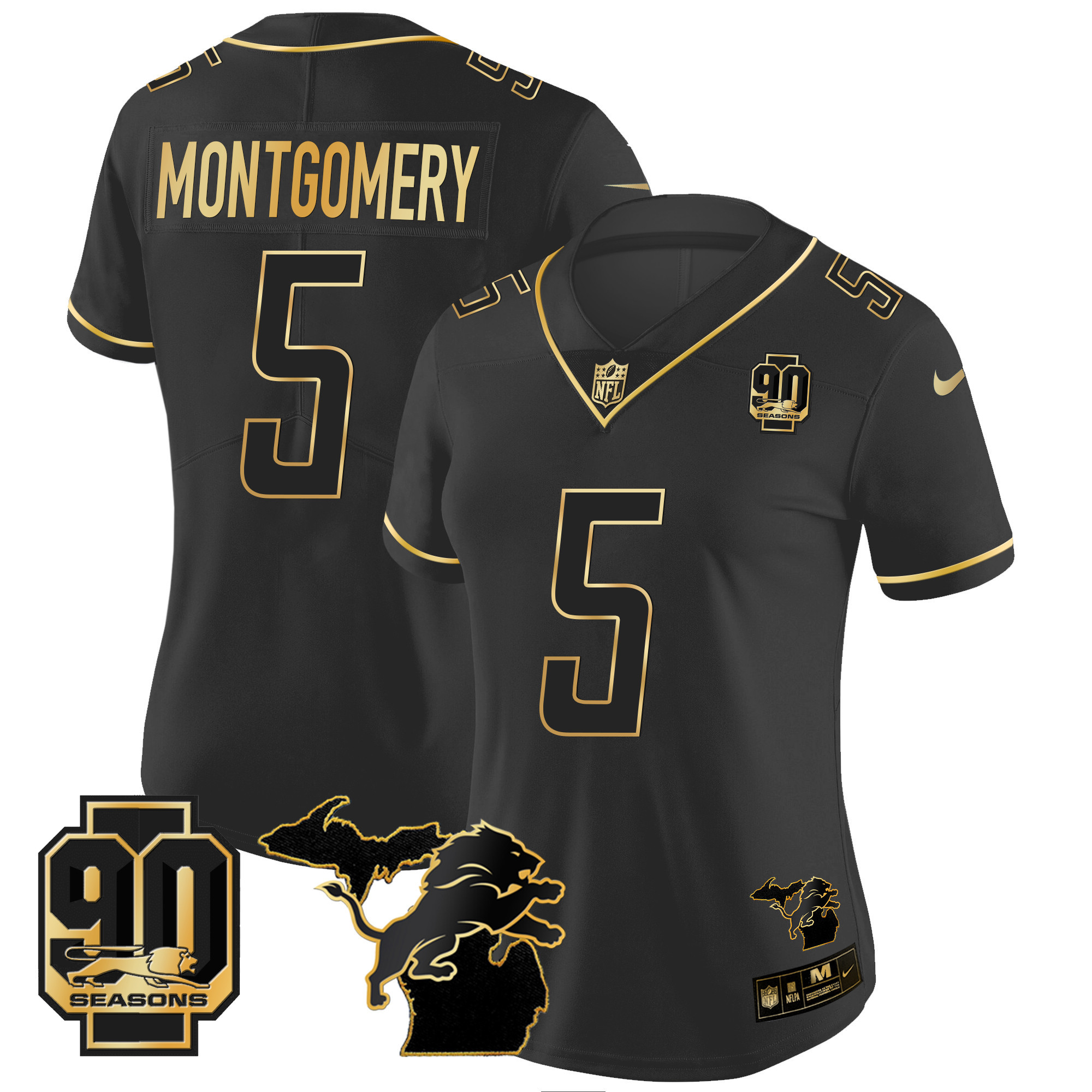 David Montgomery Women's Detroit Lions 90th Year & Michigan Patch Gold Vapor Black Gold Jersey - All Stitched