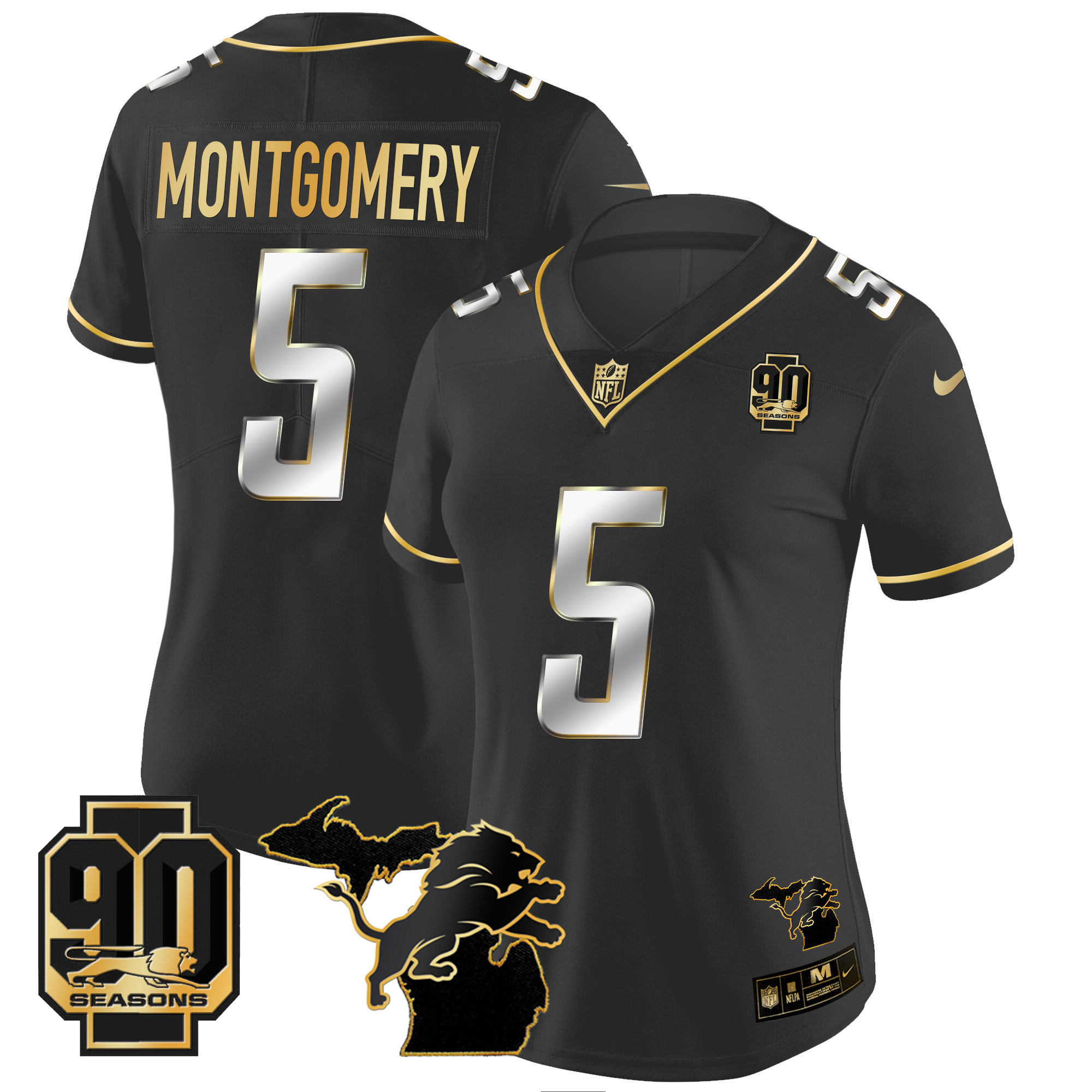 David Montgomery Women's Detroit Lions 90th Year & Michigan Patch Gold Vapor Black Limited Jersey - All Stitched