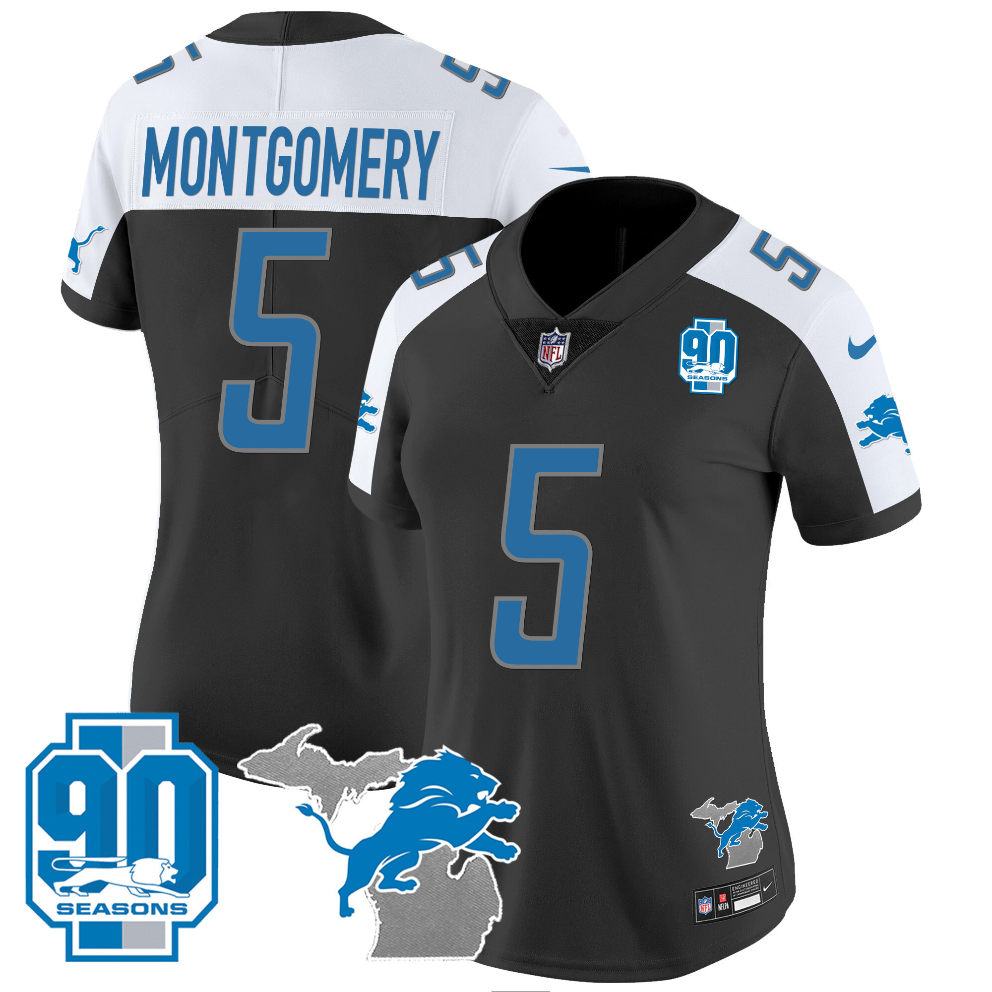 David Montgomery Women's Detroit Lions 90th Year & Michigan Patch Vapor Black Alternate Jersey - All Stitched