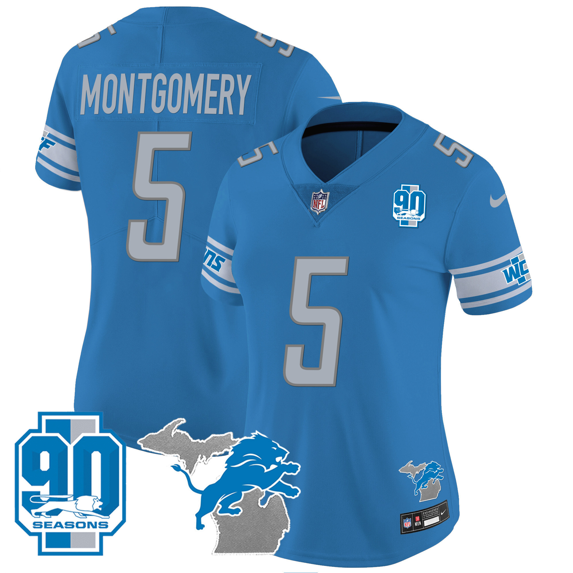 David Montgomery Women's Detroit Lions 90th Year & Michigan Patch Vapor Blue Jersey - All Stitched