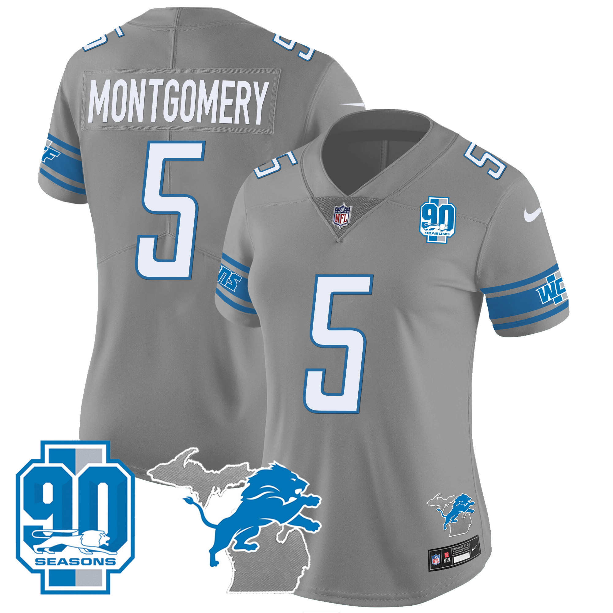 David Montgomery Women's Detroit Lions 90th Year & Michigan Patch Vapor Gray Jersey - All Stitched