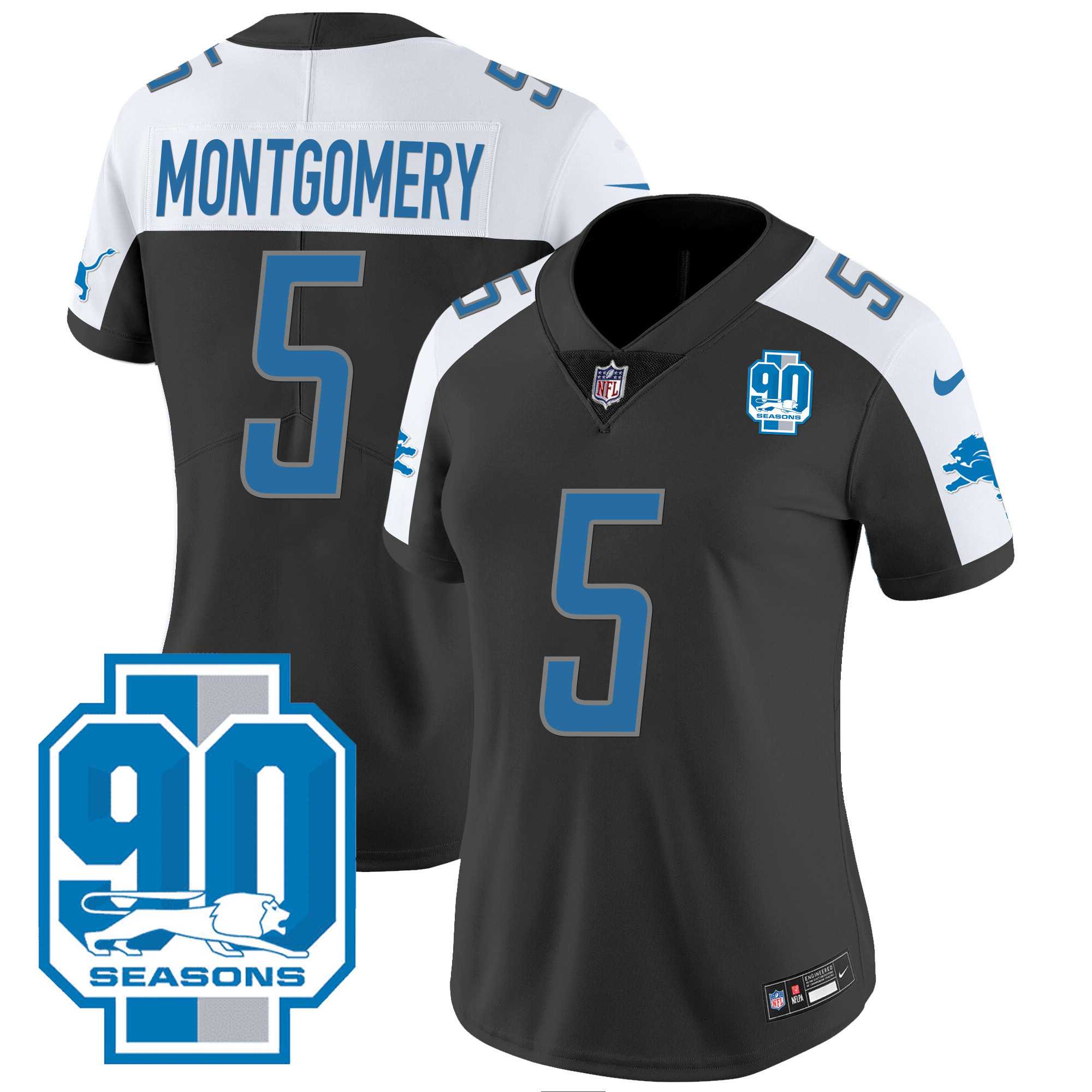 David Montgomery Women's Detroit Lions 90th Year Patch Black Alternate Jersey - All Stitched