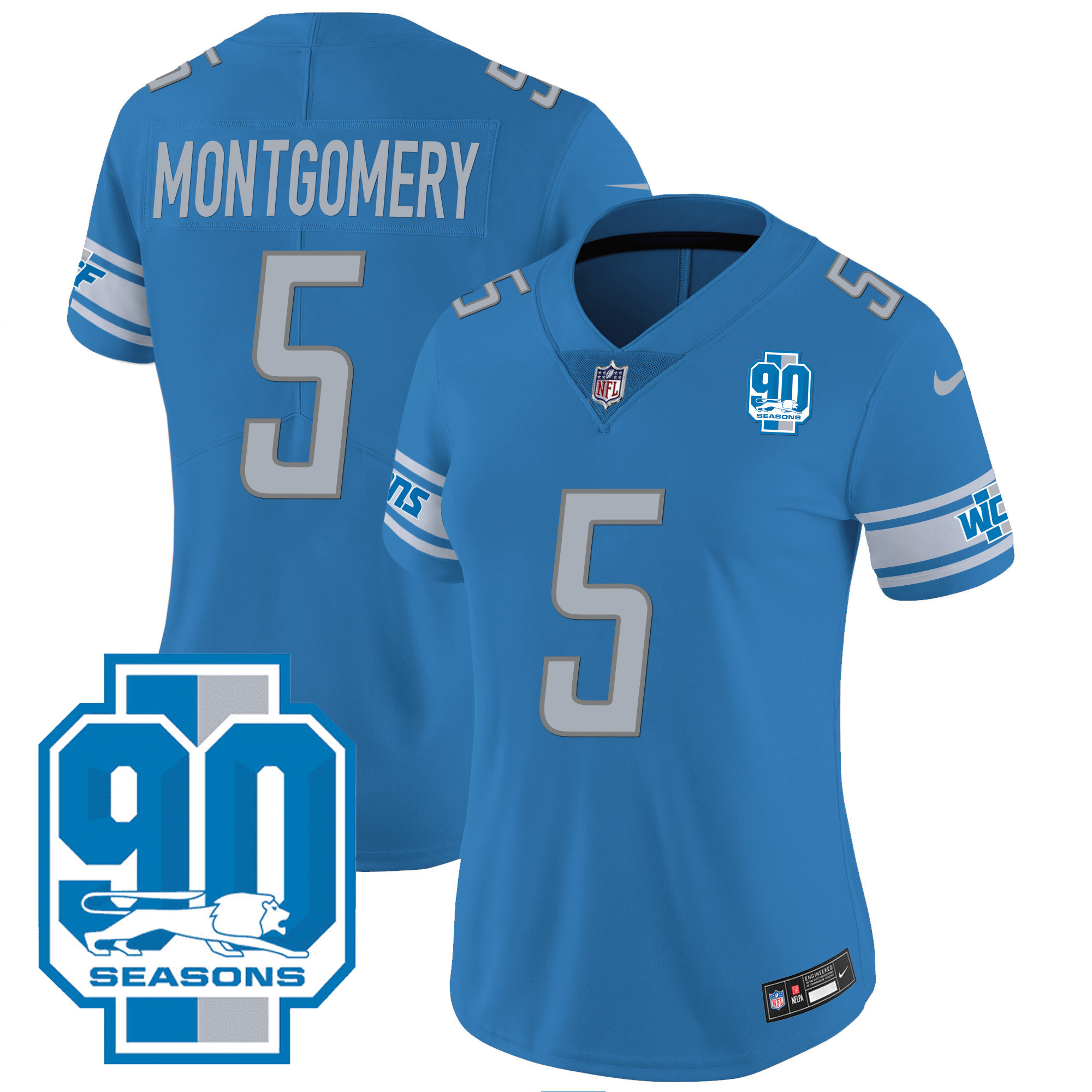 David Montgomery Women's Detroit Lions 90th Year Patch Blue Jersey - All Stitched