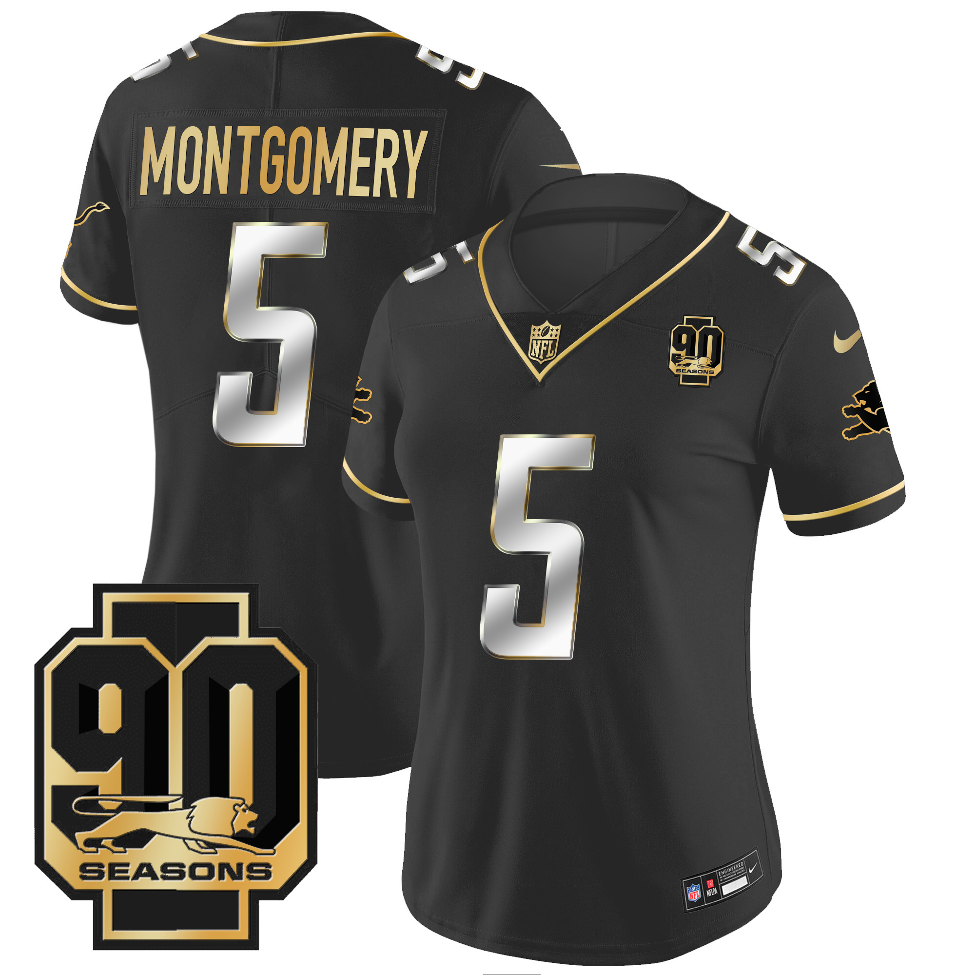 David Montgomery Women's Detroit Lions 90th Year Patch Gold Black Limited Jersey - All Stitched