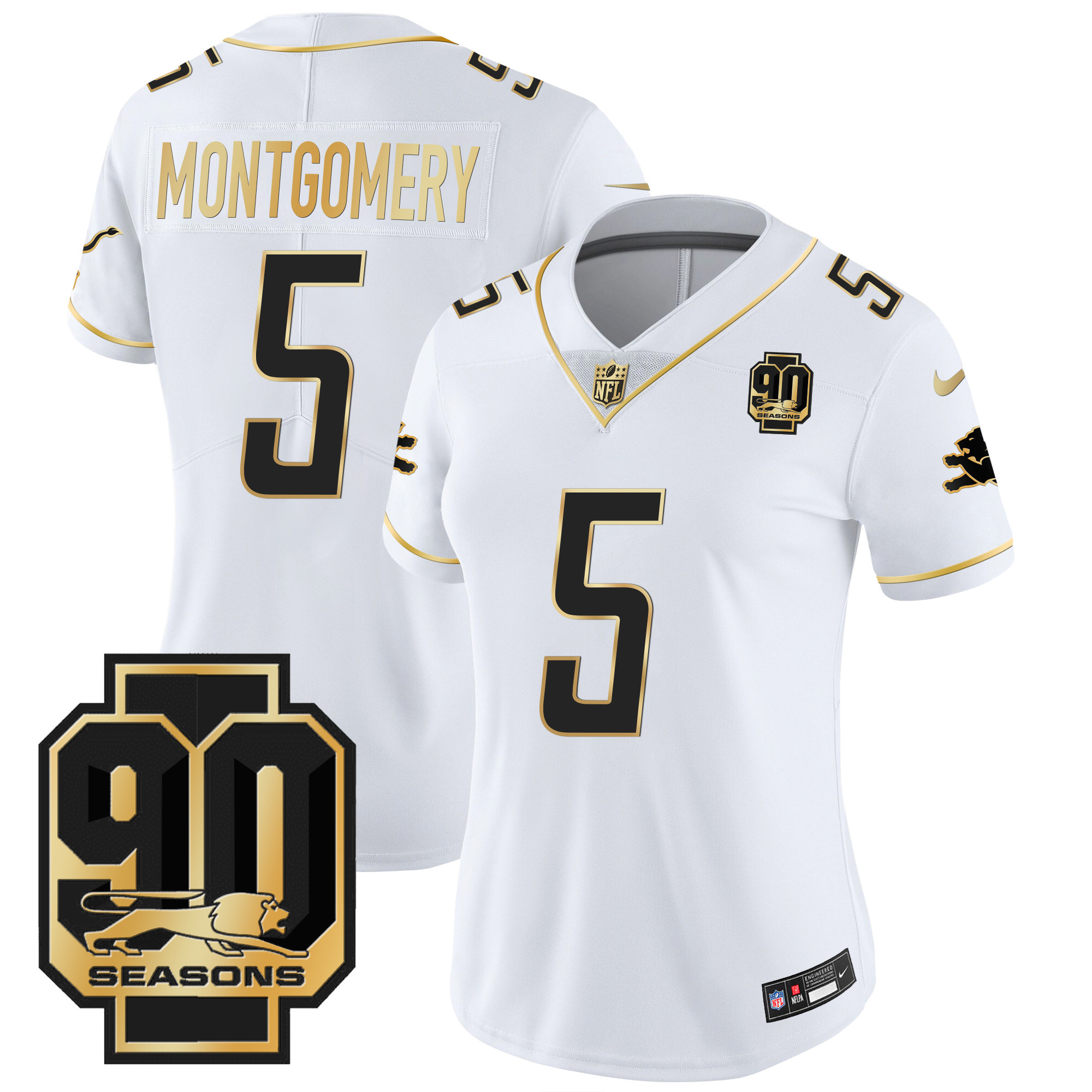 David Montgomery Women's Detroit Lions 90th Year Patch Gold White Gold Jersey - All Stitched