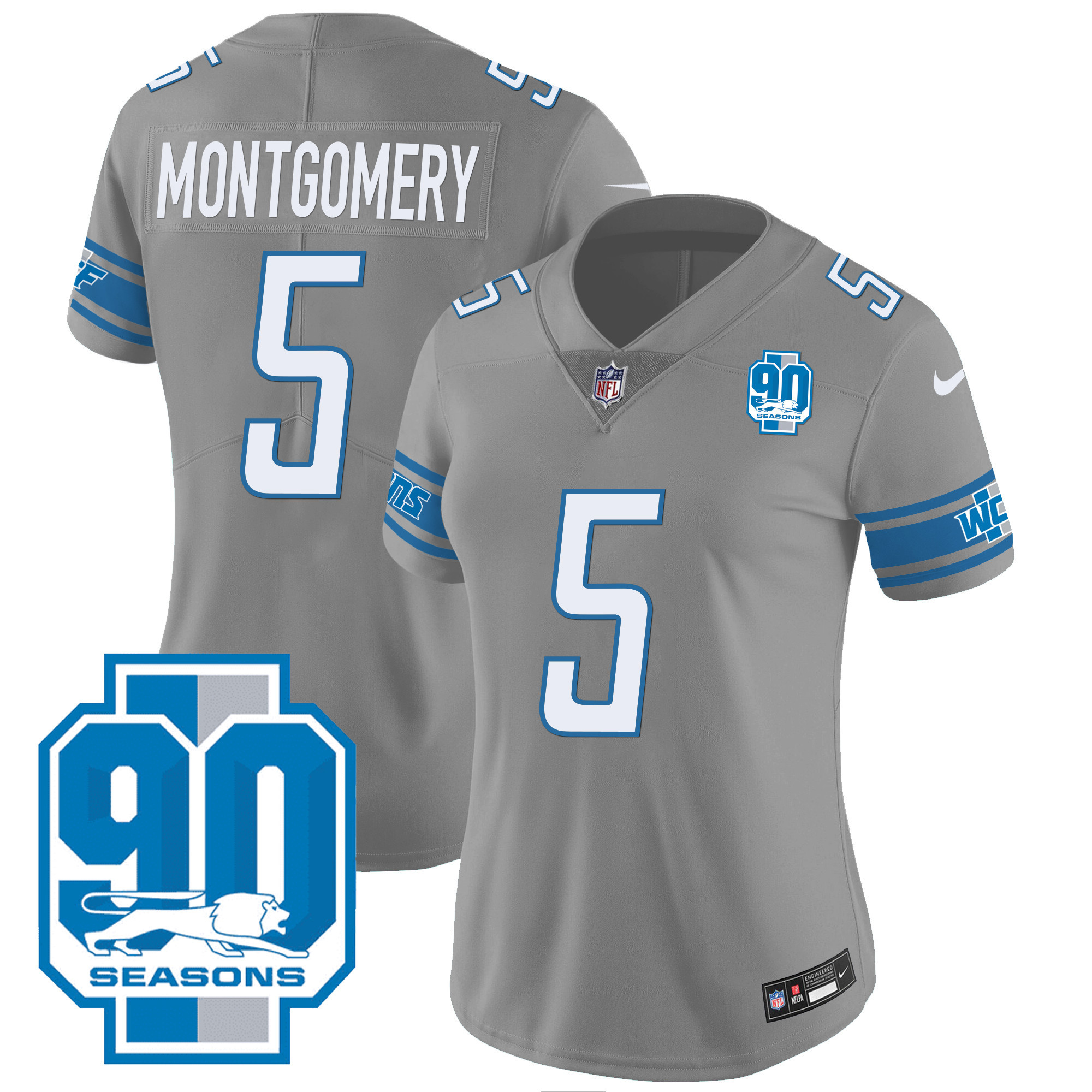 David Montgomery Women's Detroit Lions 90th Year Patch Gray Jersey - All Stitched
