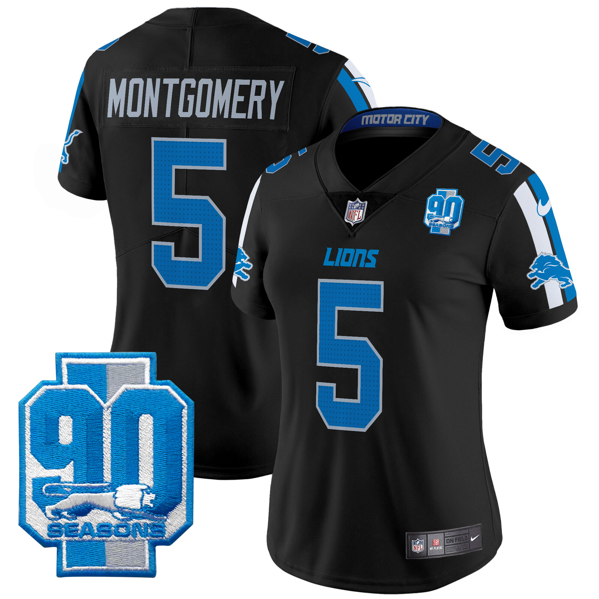 David Montgomery Women's Detroit Lions 90th Year Patch Vapor Limited Black Jersey - All Stitched