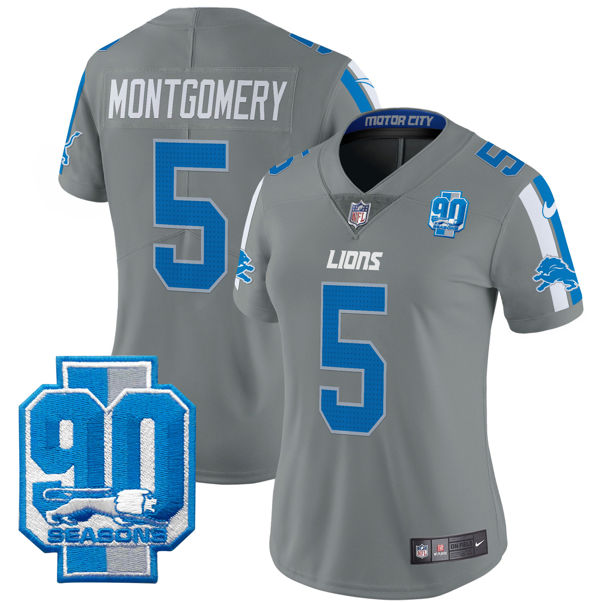David Montgomery Women's Detroit Lions 90th Year Patch Vapor Limited Gray Jersey - All Stitched
