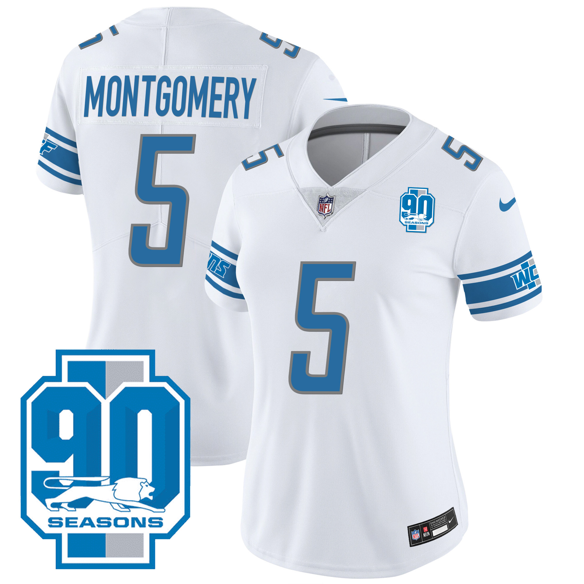 David Montgomery Women's Detroit Lions 90th Year Patch White Jersey - All Stitched