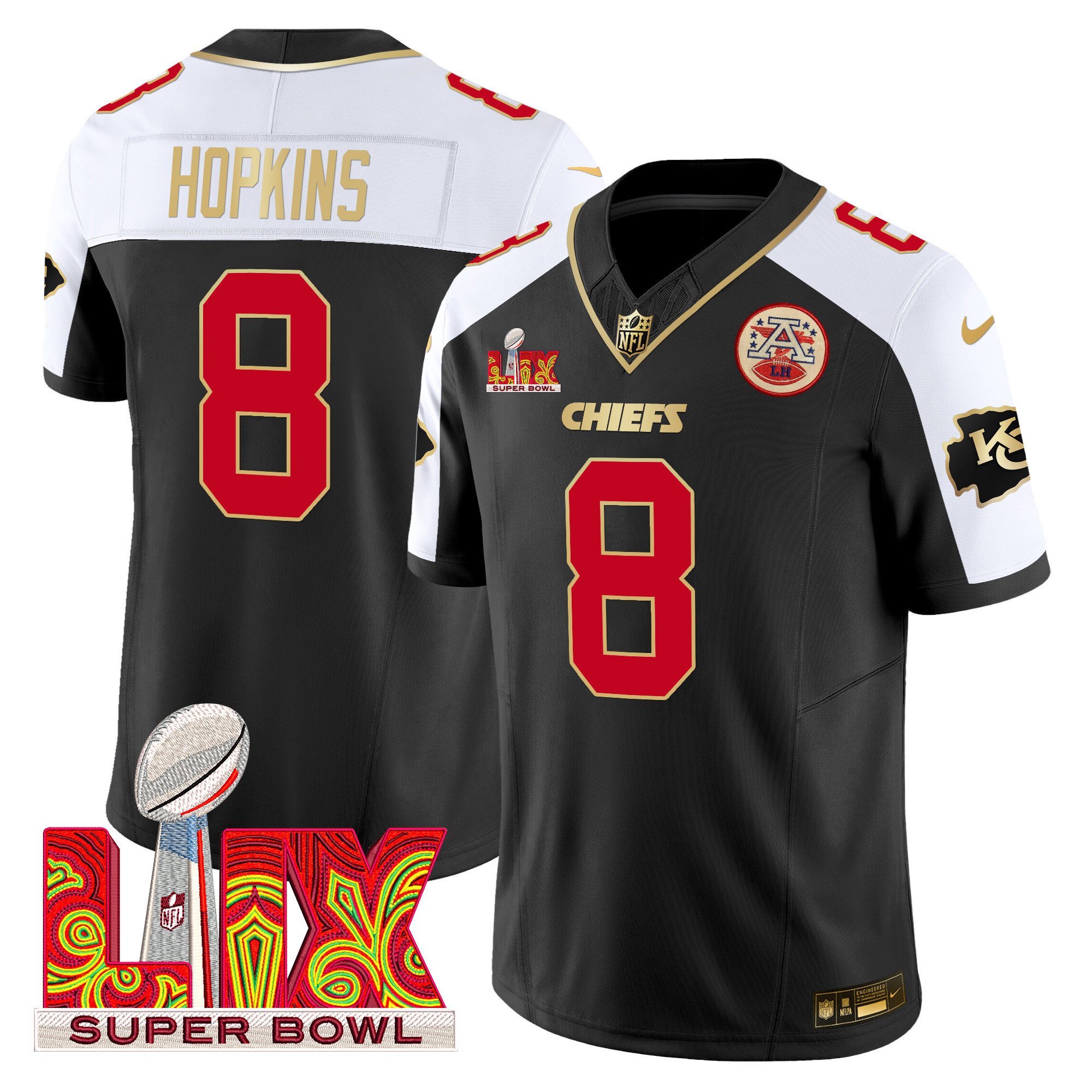 DeAndre Hopkins Men's Kansas City Chiefs Super Bowl LIX Patch Gold Trim Vapor Limited Black Alternate Jersey - All Stitched