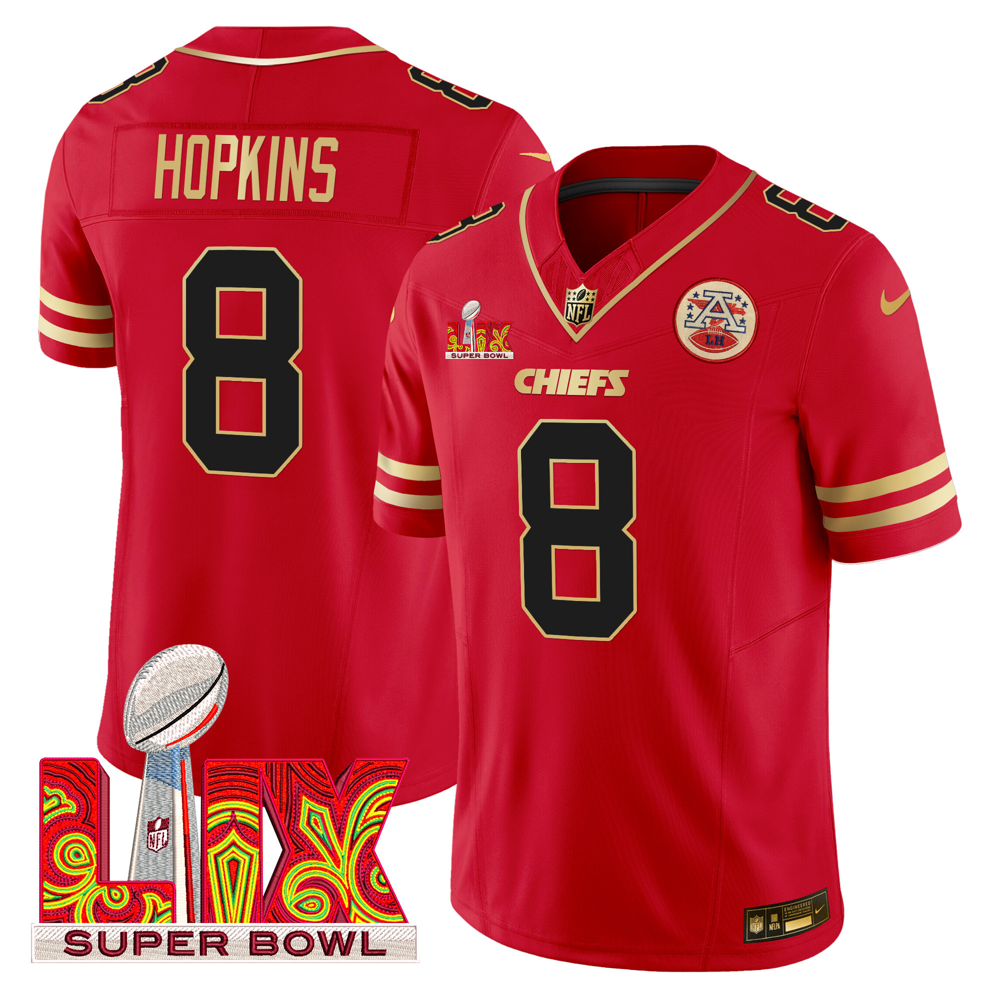 DeAndre Hopkins Men's Kansas City Chiefs Super Bowl LIX Patch Gold Trim Vapor Limited Red Jersey - All Stitched