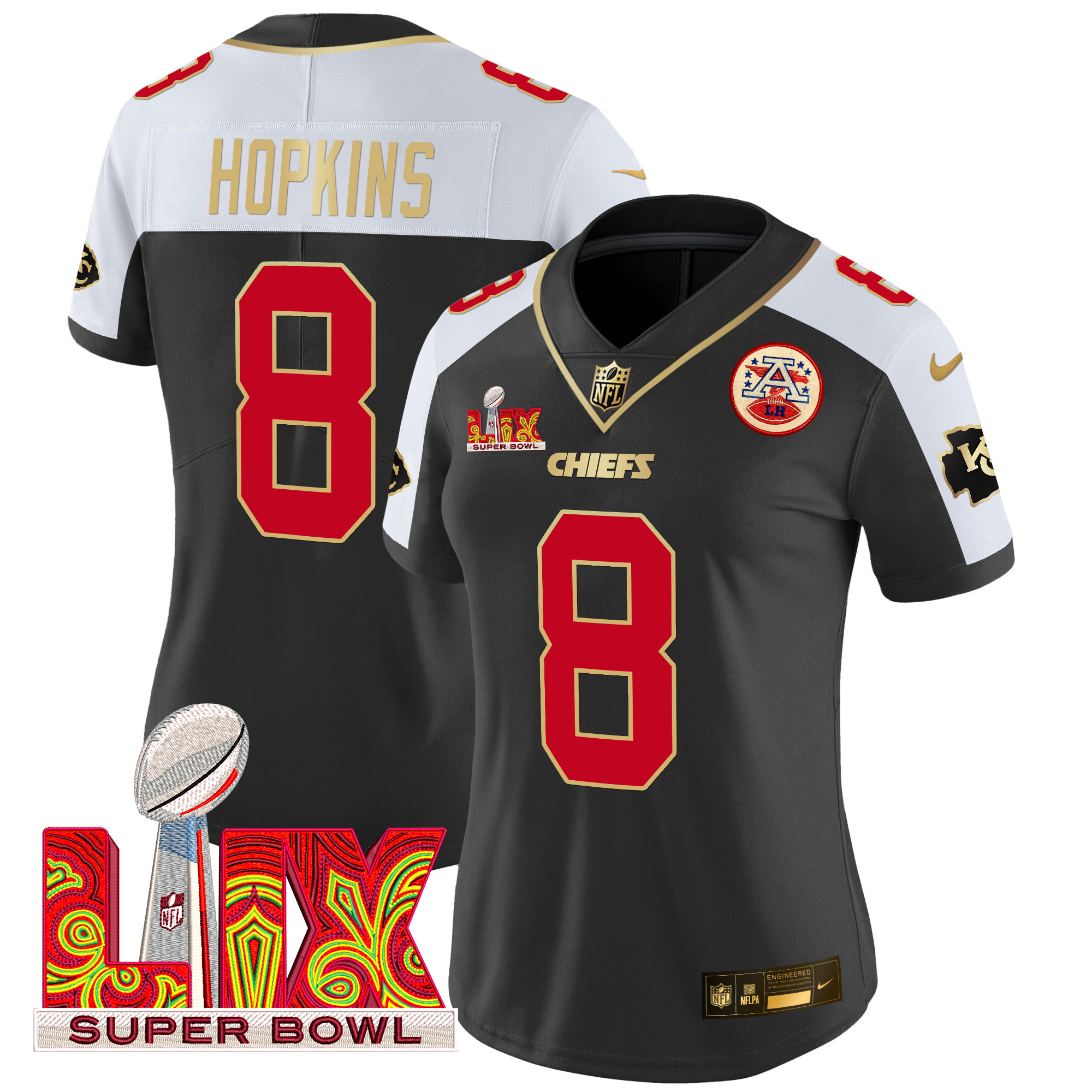 DeAndre Hopkins Women's Kansas City Chiefs Super Bowl LIX Patch Gold Trim Vapor Limited Black Alternate Jersey - All Stitched