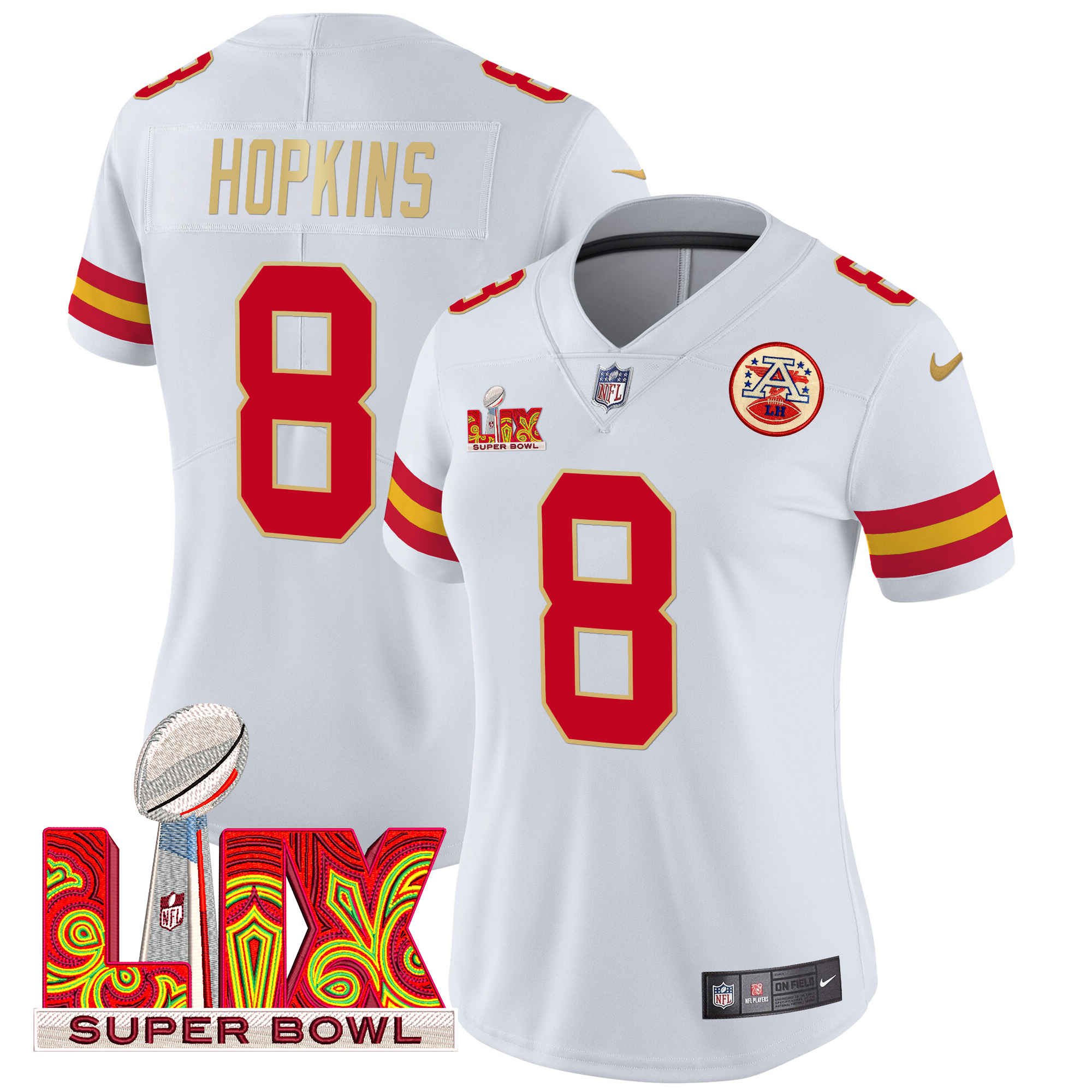 DeAndre Hopkins Women's Kansas City Chiefs Super Bowl LIX Patch Gold Trim Vapor Limited White Jersey - All Stitched