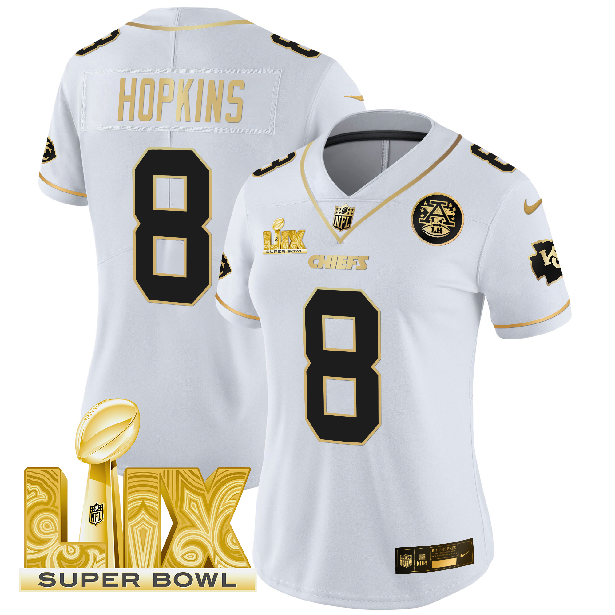DeAndre Hopkins Women's Kansas City Chiefs Super Bowl LIX Patch Gold Vapor Limited White Gold Jersey - All Stitched