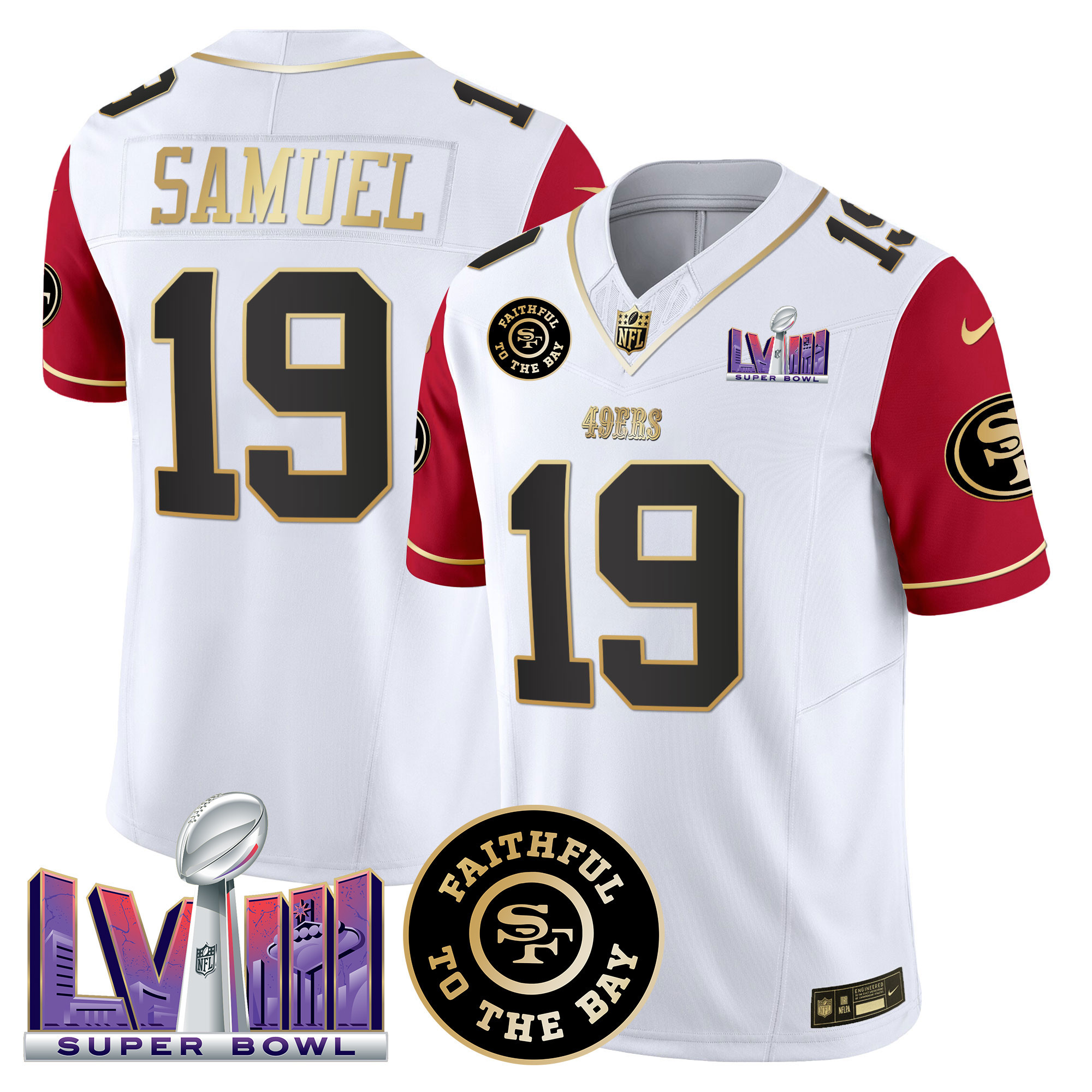 Deebo Samuel Men's San Francisco 49ers  Faithful & Super Bowl LVIII Patch Vapor Color Sleeves Jersey - All Stitched