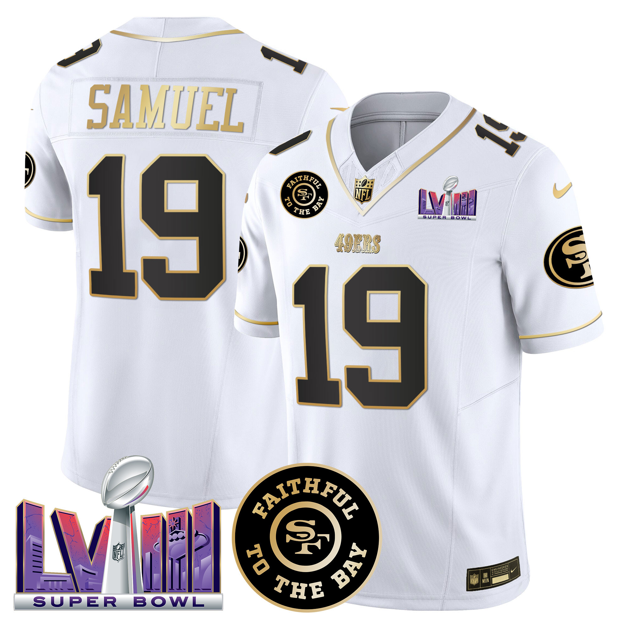 Deebo Samuel Men's San Francisco 49ers  Faithful & Super Bowl LVIII Patch Vapor White Gold Jersey - All Stitched