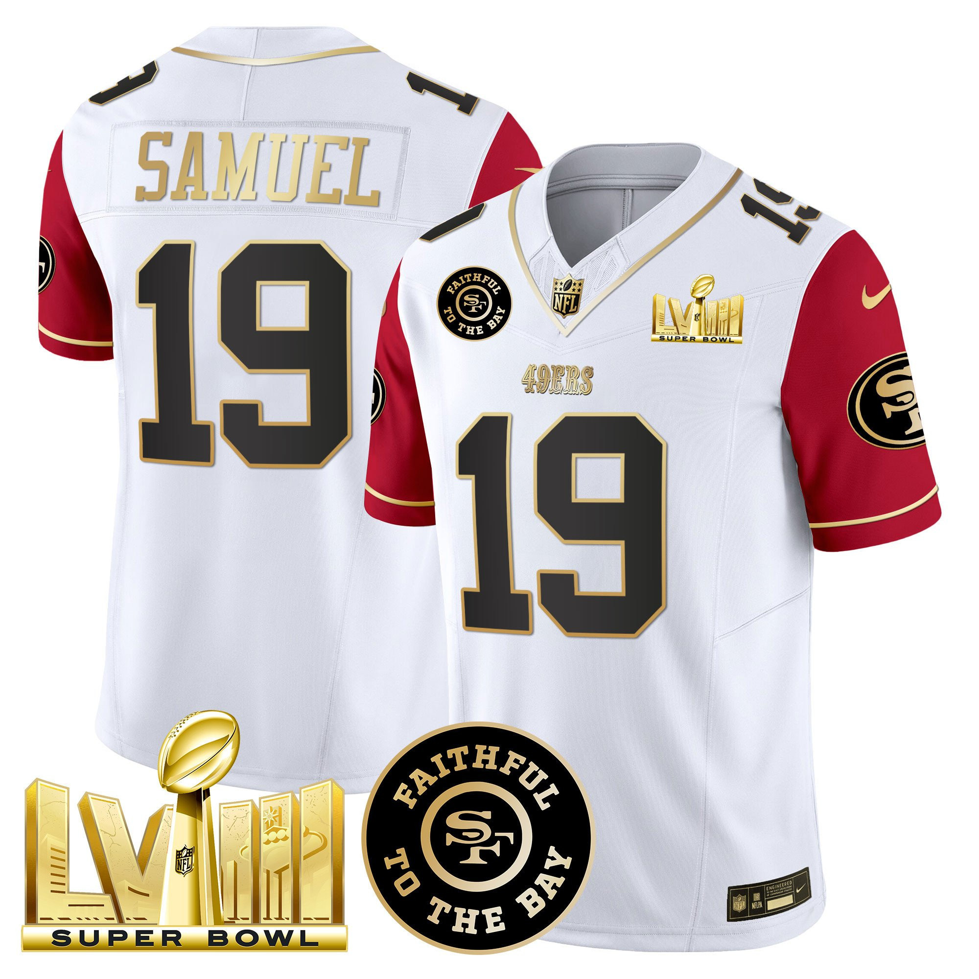 Deebo Samuel San Francisco 49ers Faithful & Super Bowl LVIII Gold Patch Vapor White/Red Jersey - All Stitched