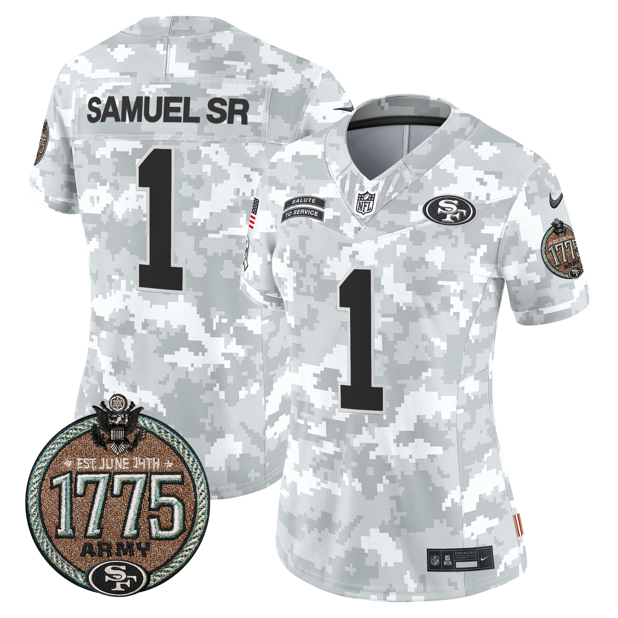 Deebo Samuel Women's San Francisco 49ers 2024 Salute to Service Establishment Year Patch Vapor Limited Army Jersey - All Stitched