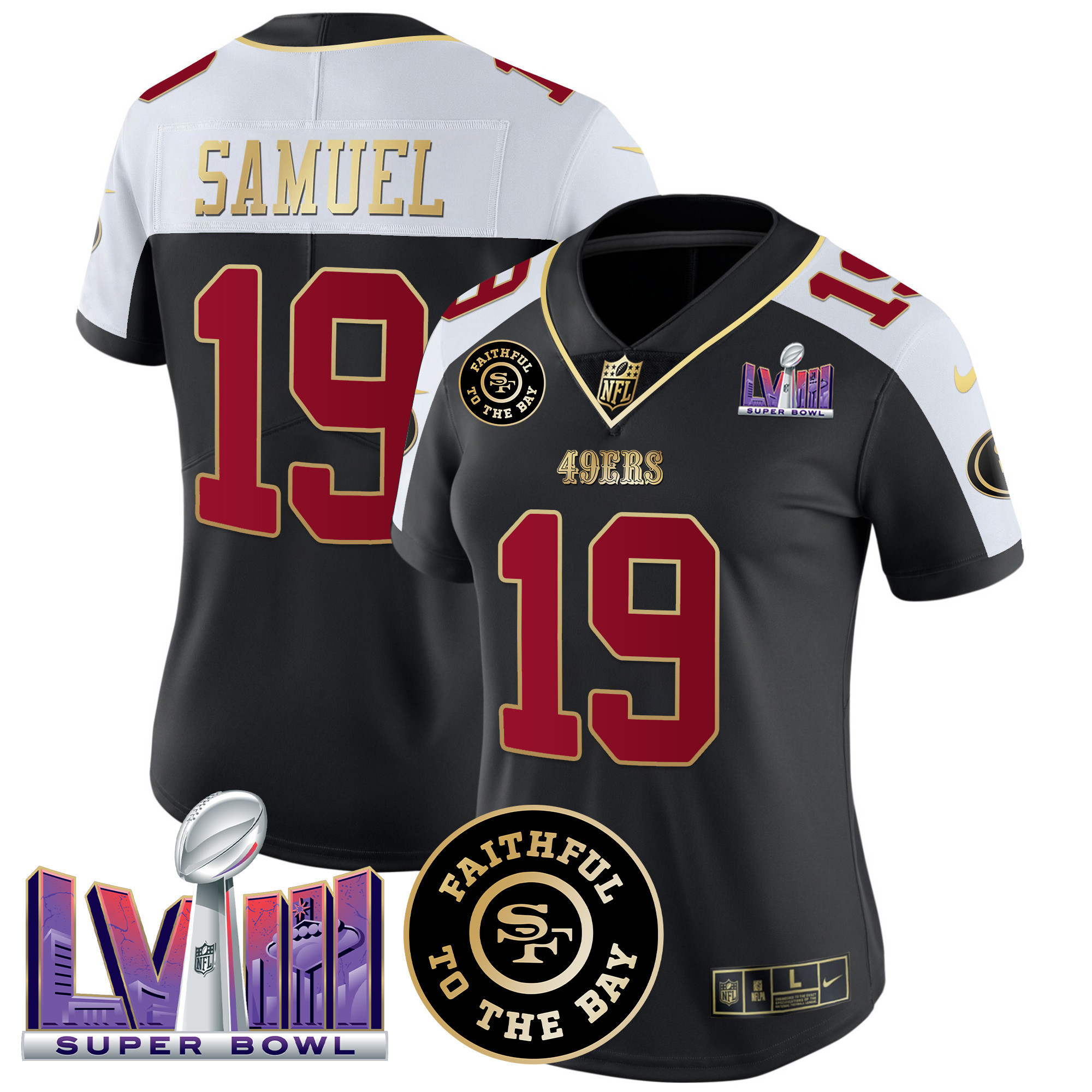 Deebo Samuel Women's San Francisco 49ers  Faithful & Super Bowl LVIII Patch Vapor Black Alternate Jersey - All Stitched