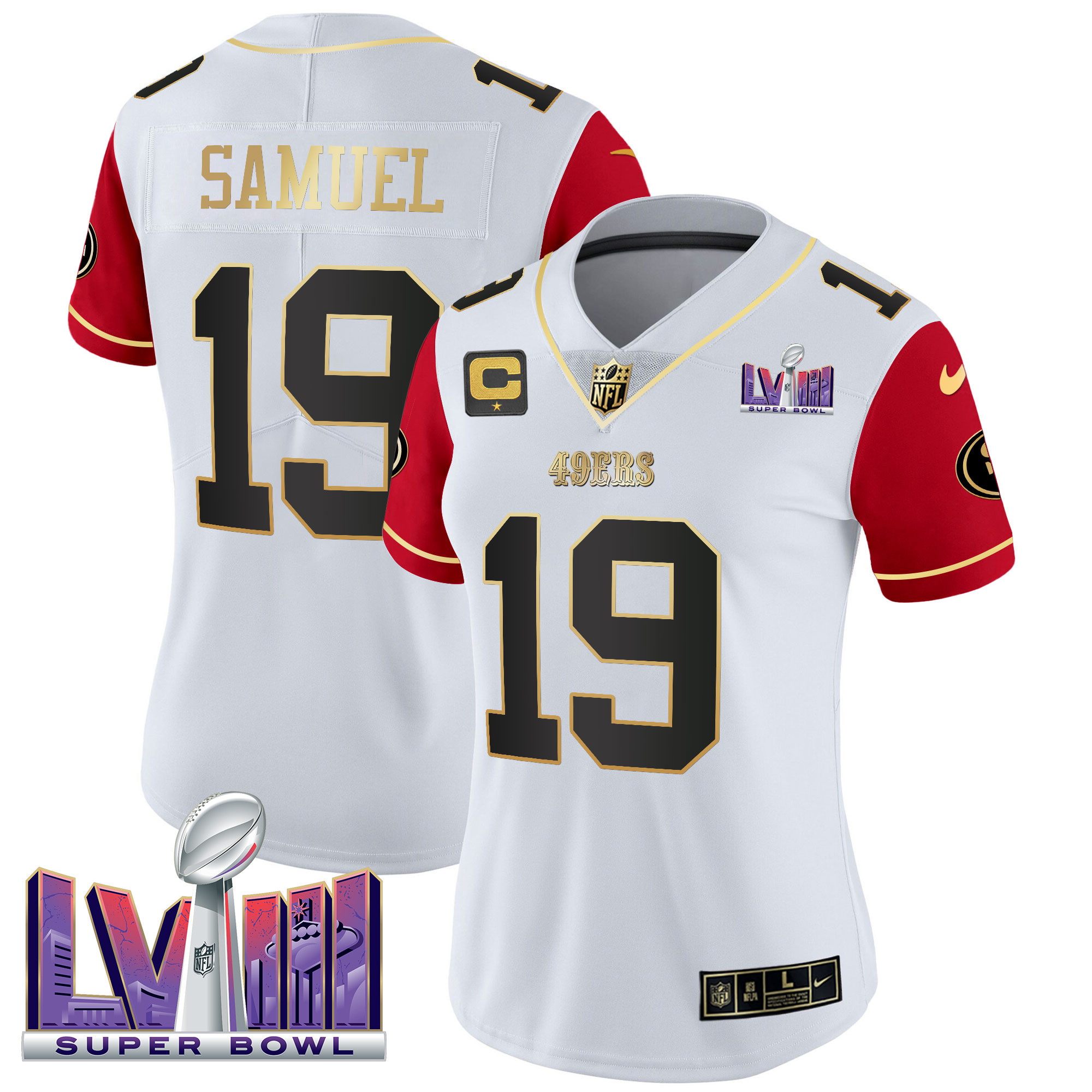 Deebo Samuel Women's San Francisco 49ers  Super Bowl LVIII Patch Vapor Color Sleeves Jersey - All Stitched