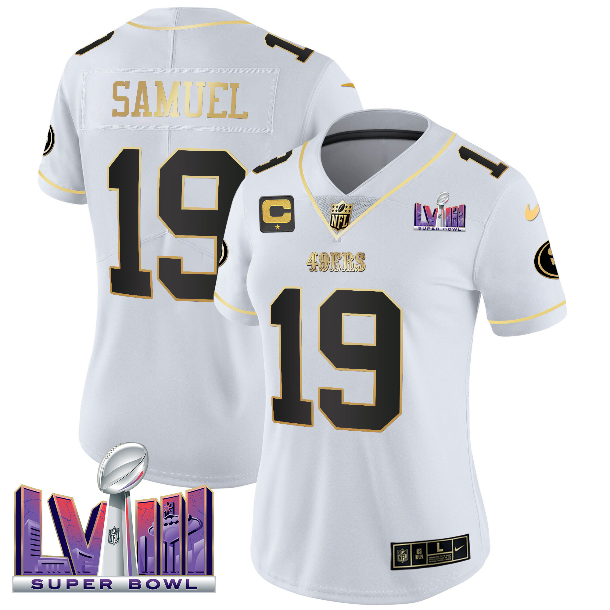 Deebo Samuel Women's San Francisco 49ers  Super Bowl LVIII Patch Vapor White Gold Jersey - All Stitched