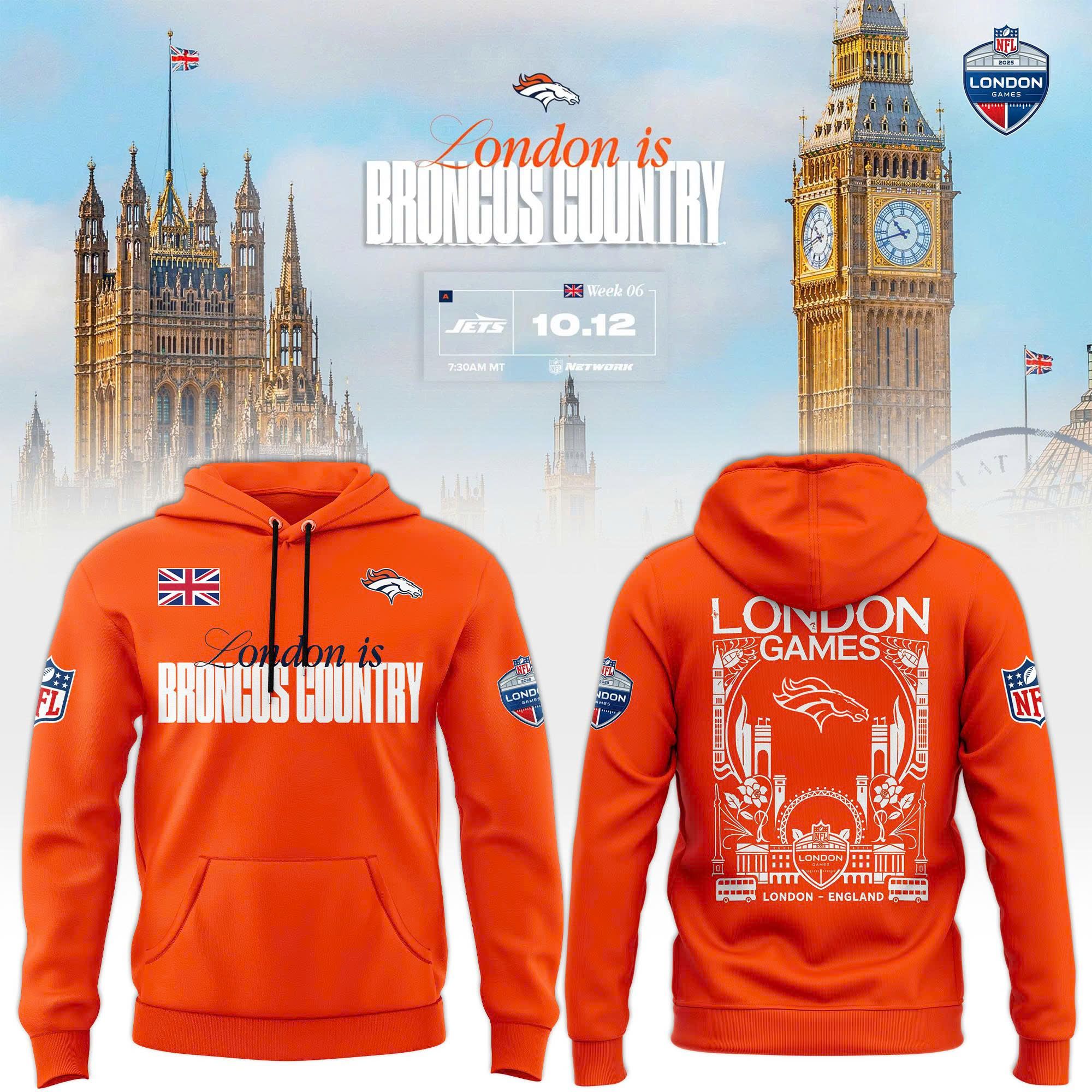 Denver Broncos NFL 2025 London Game Limited Orange Fleece Hoodie