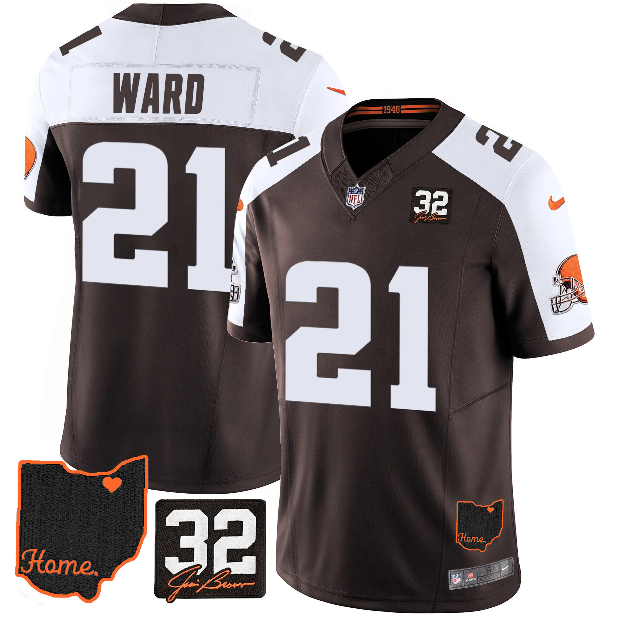 Denzel Ward Men's Cleveland Browns #32 Jim Brown Memorial & Home Patch Alternate Jersey - All Stitched