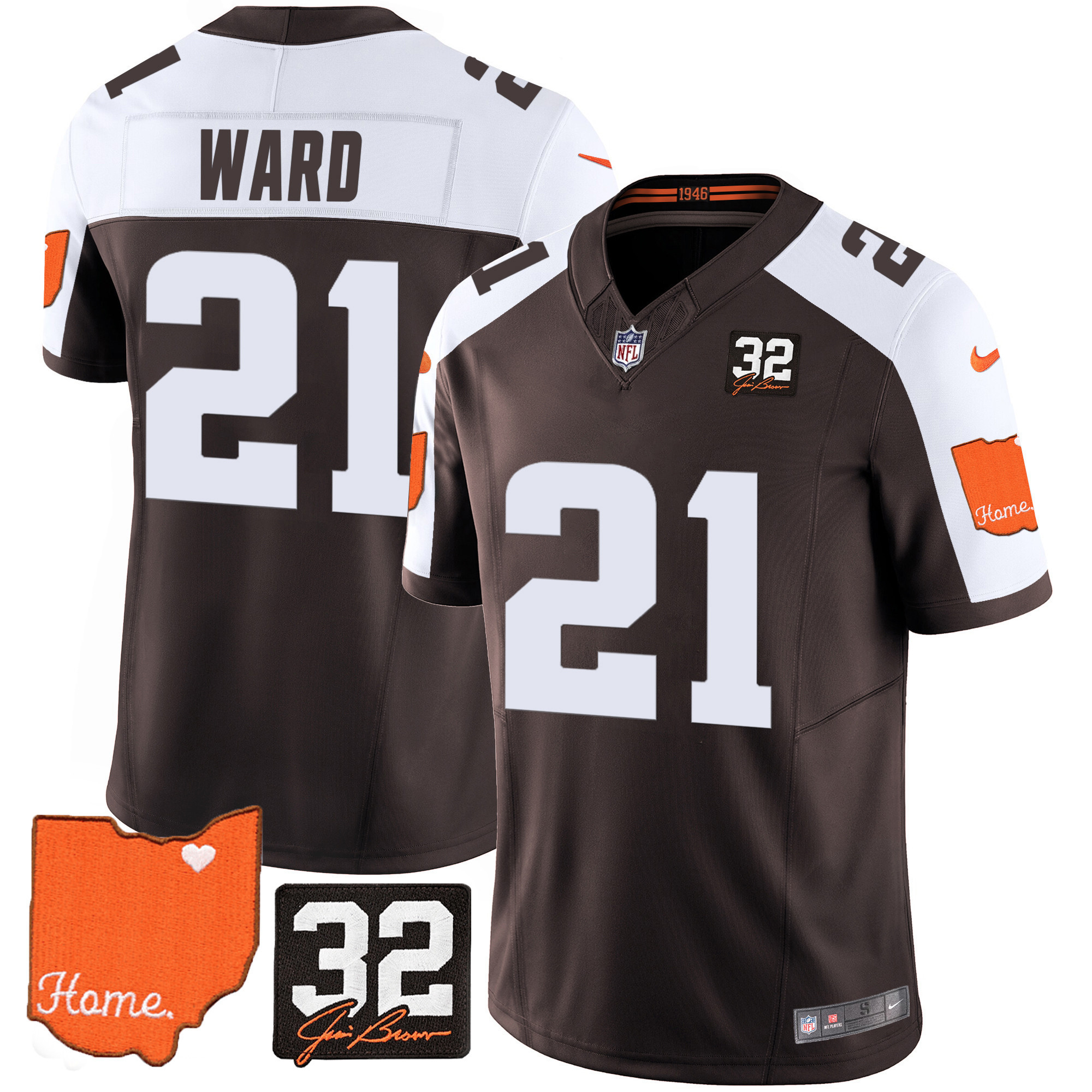 Denzel Ward Men's Cleveland Browns #32 Jim Brown Memorial & Home Patch Alternate Jersey - All Stitched