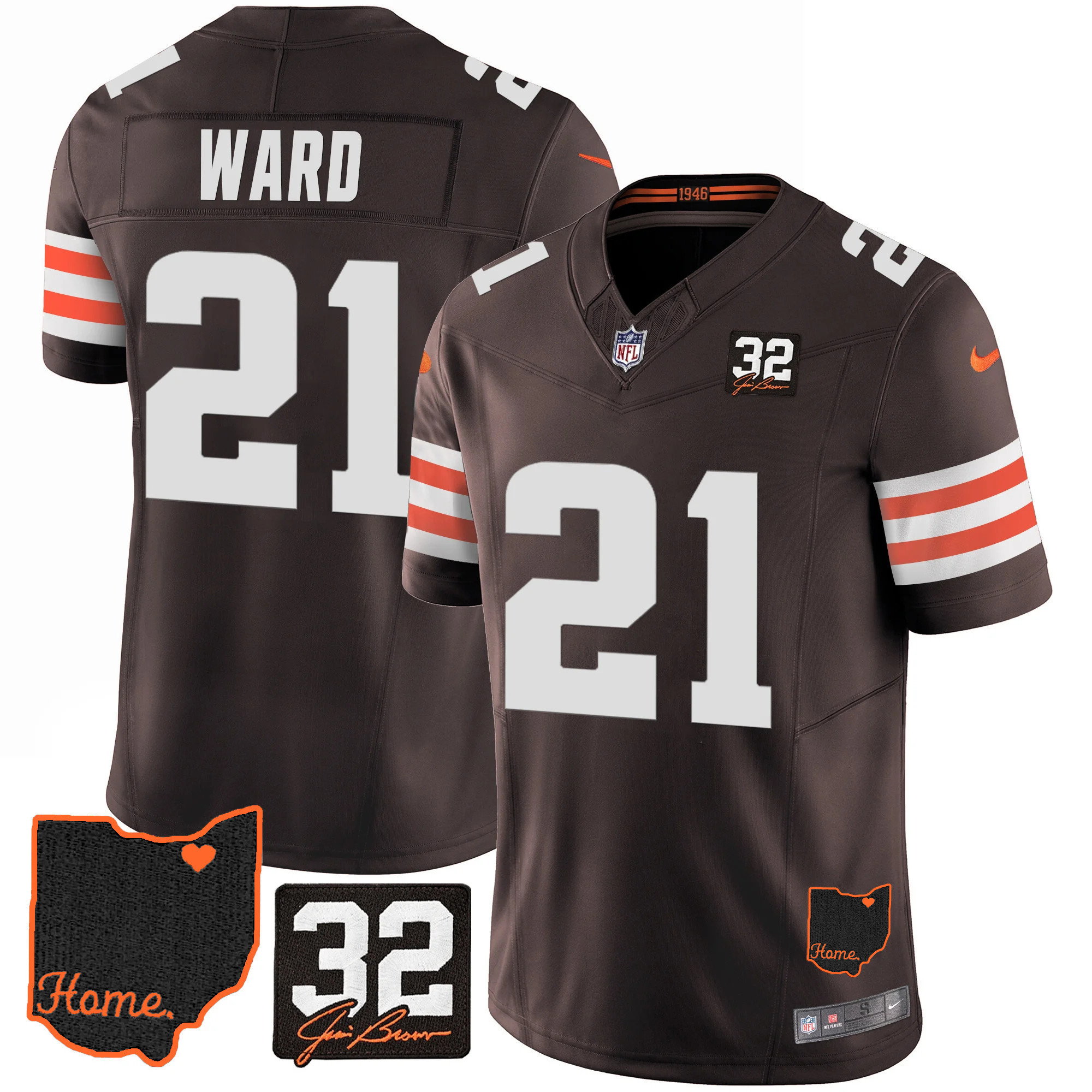 Denzel Ward Men's Cleveland Browns #32 Jim Brown Memorial & Home Patch Brown Jersey - All Stitched