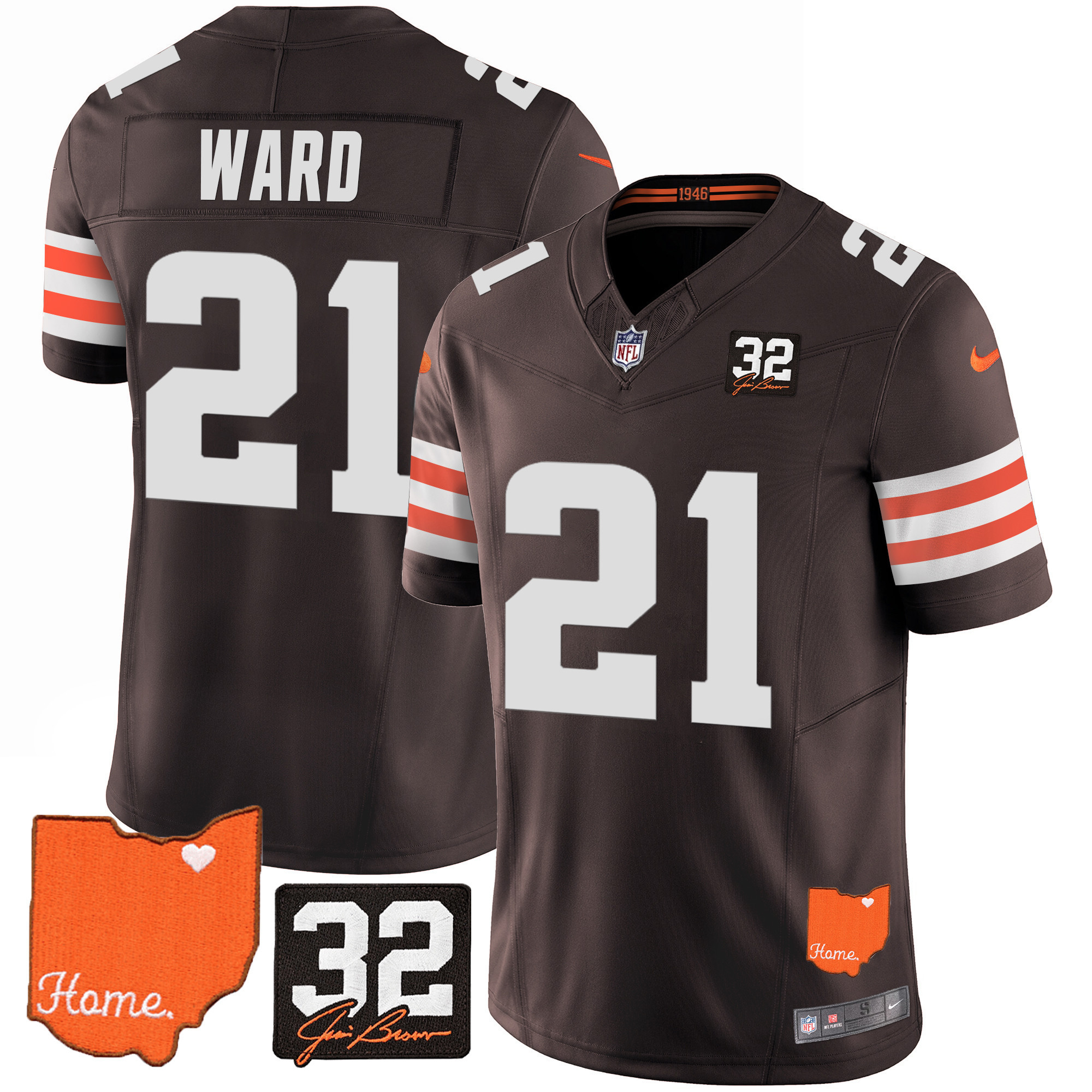 Denzel Ward Men's Cleveland Browns #32 Jim Brown Memorial & Home Patch Brown Jersey - All Stitched