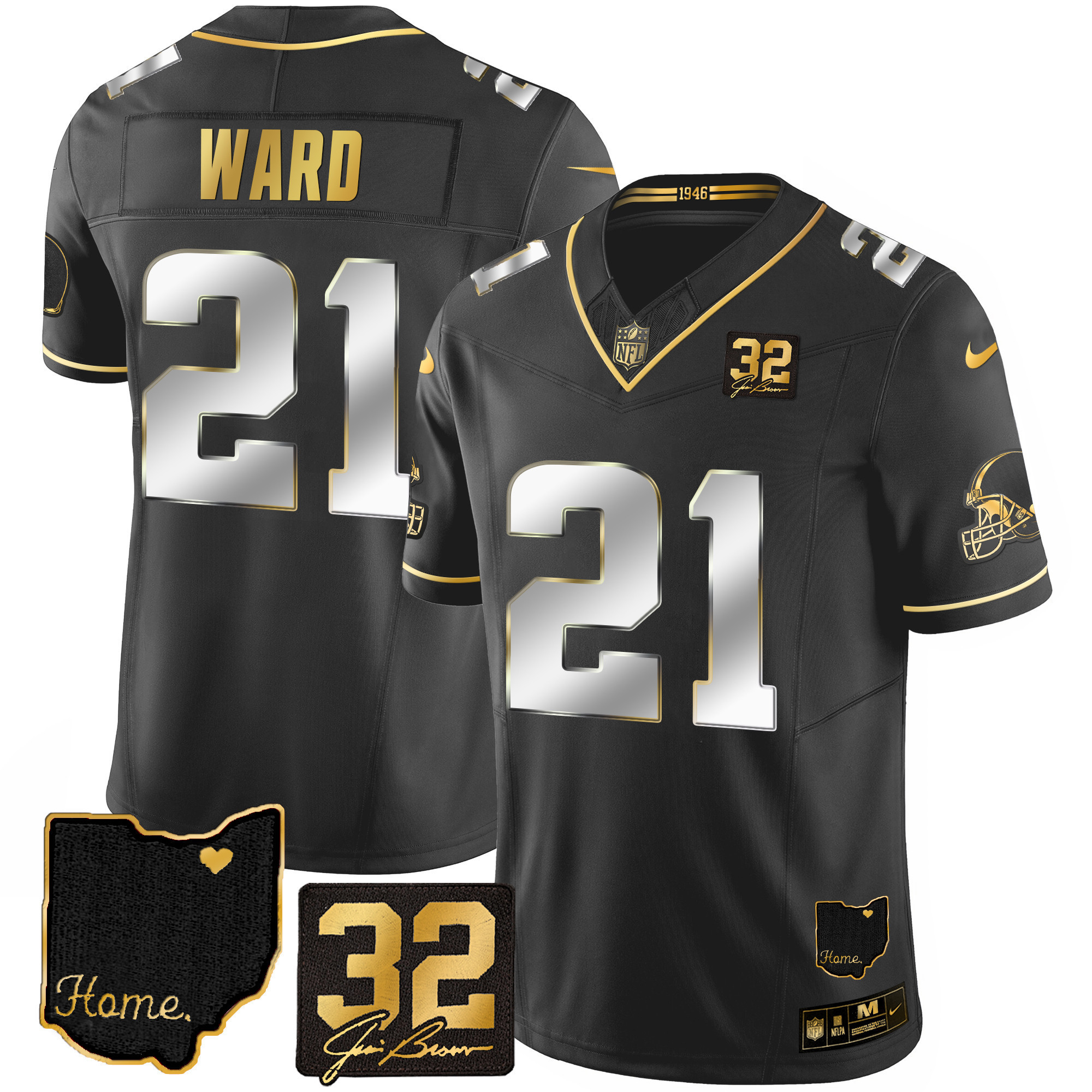 Denzel Ward Men's Cleveland Browns #32 Jim Brown Memorial & Home Patch Gold Black Limited Jersey - All Stitched