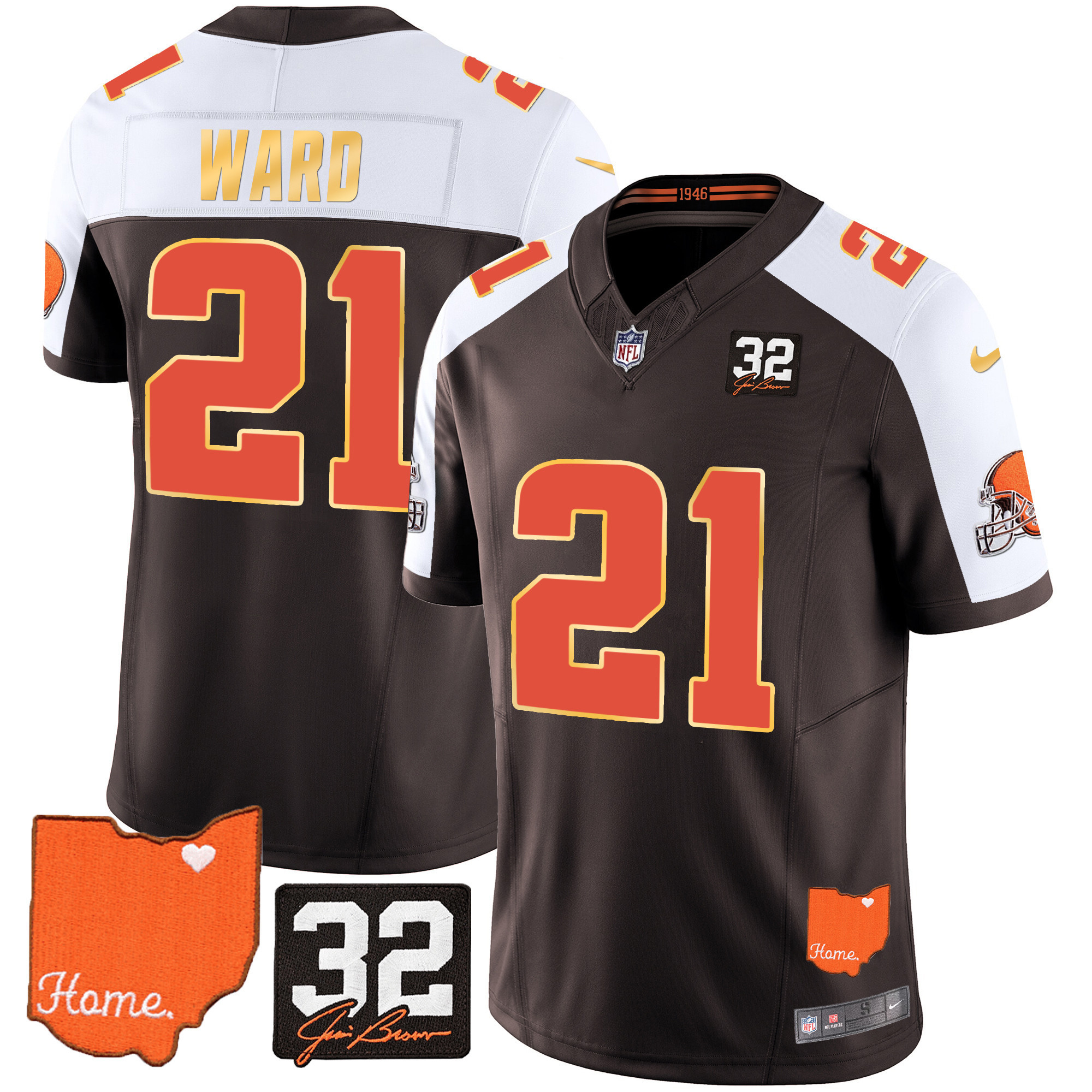 Denzel Ward Men's Cleveland Browns #32 Jim Brown Memorial & Home Patch Gold Trim Alternate Jersey - All Stitched