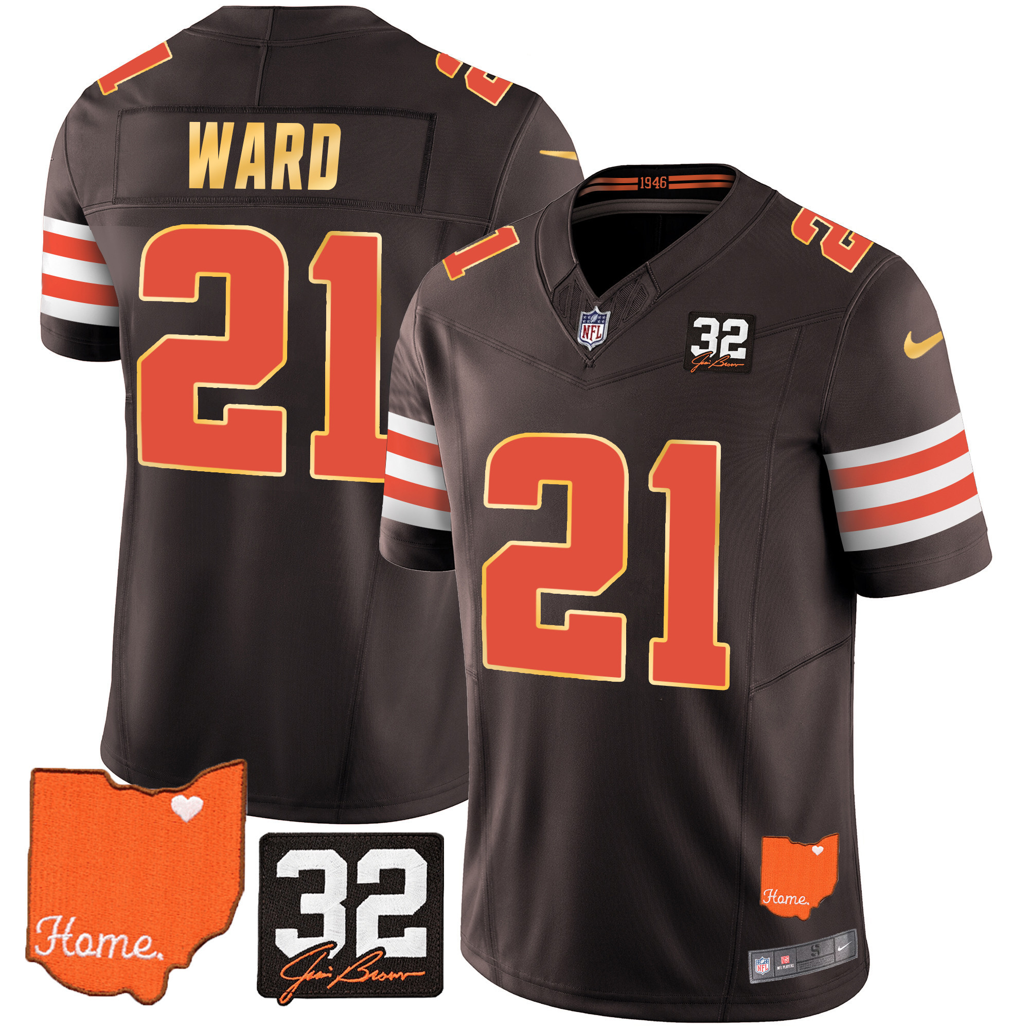 Denzel Ward Men's Cleveland Browns #32 Jim Brown Memorial & Home Patch Gold Trim Brown Jersey - All Stitched
