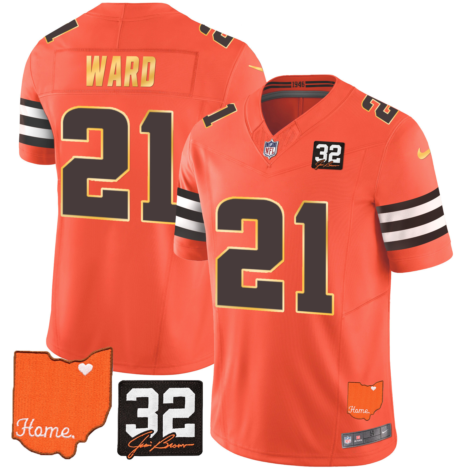 Denzel Ward Men's Cleveland Browns #32 Jim Brown Memorial & Home Patch Gold Trim Orange Jersey - All Stitched