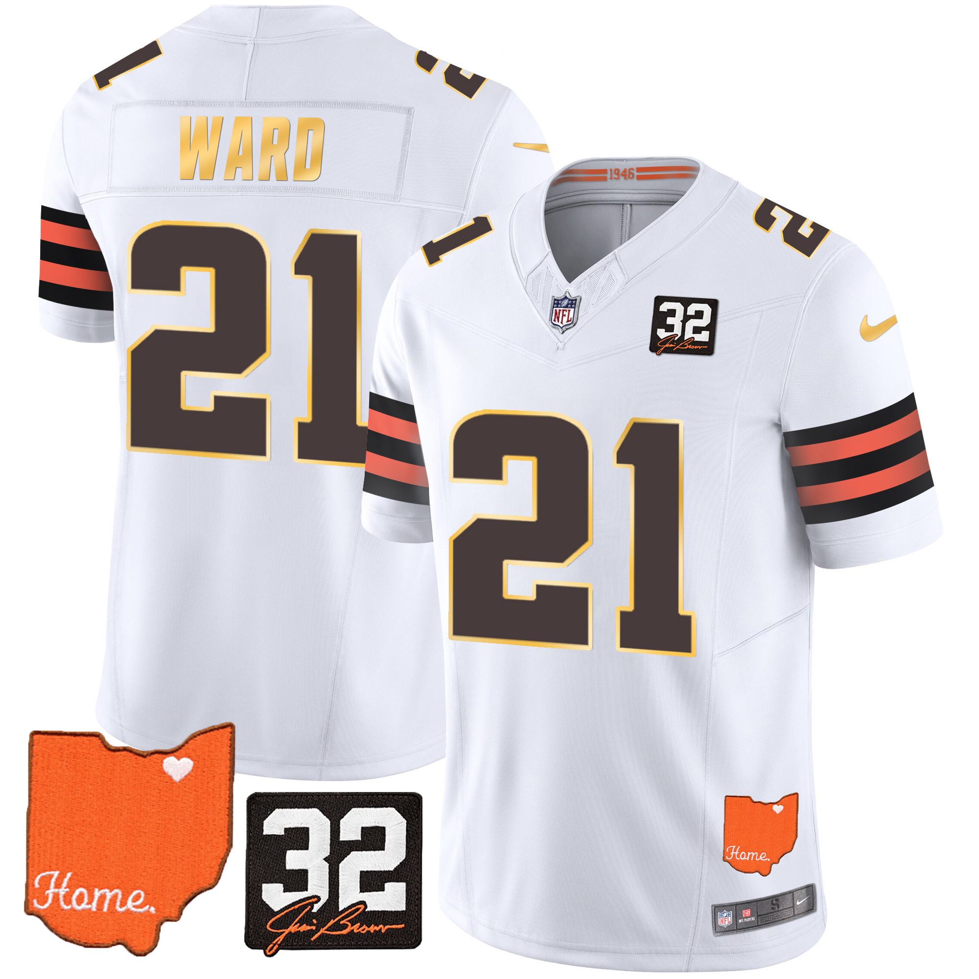 Denzel Ward Men's Cleveland Browns #32 Jim Brown Memorial & Home Patch Gold Trim White Jersey - All Stitched