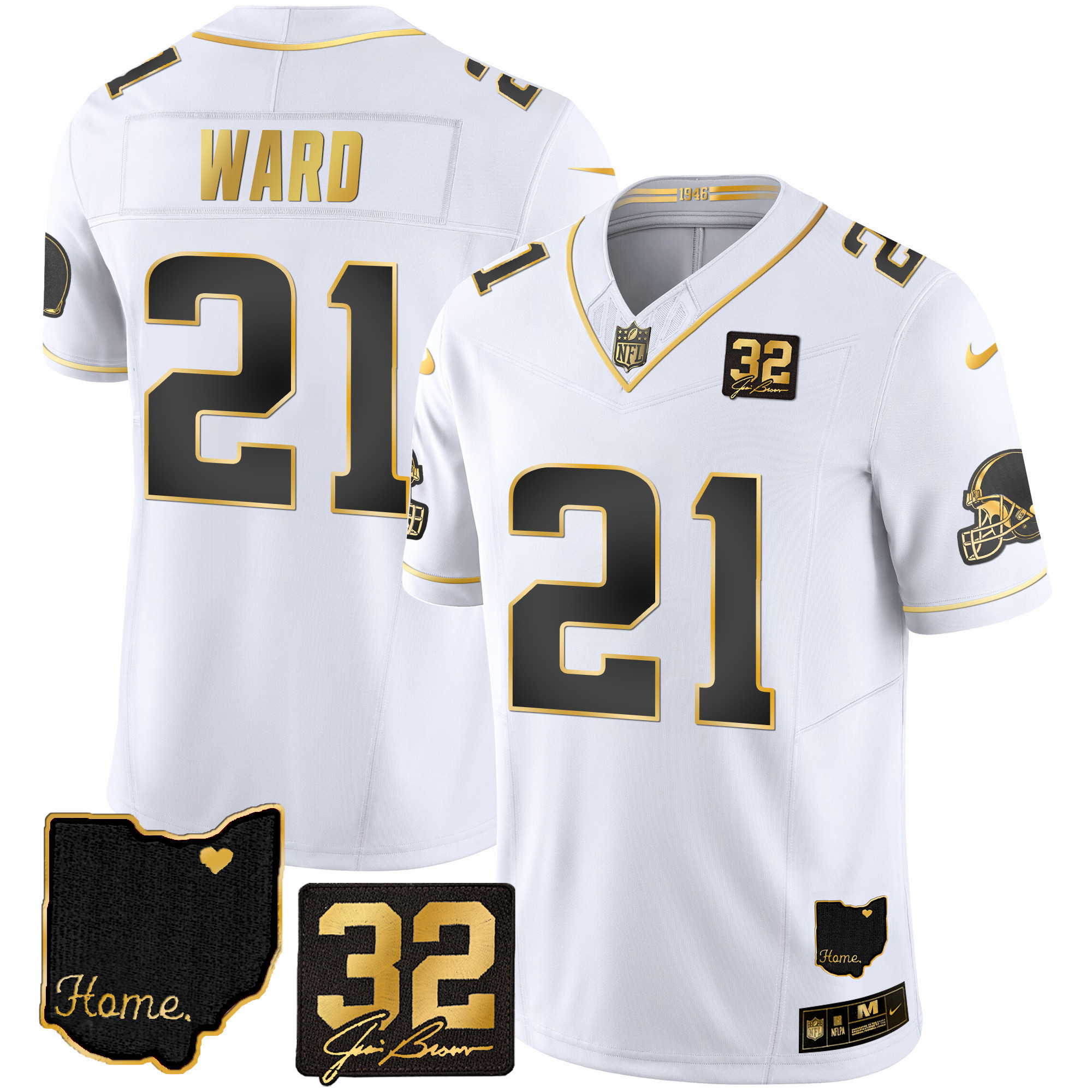 Denzel Ward Men's Cleveland Browns #32 Jim Brown Memorial & Home Patch Gold White Gold Jersey - All Stitched