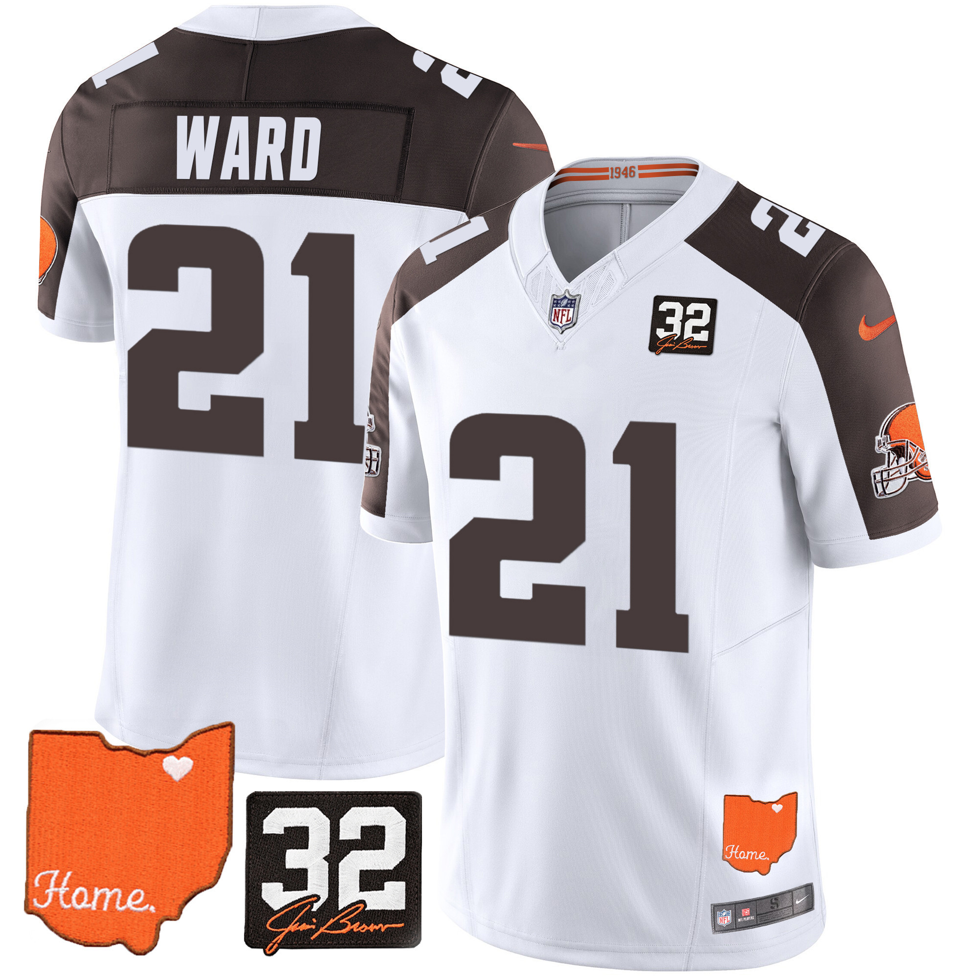 Denzel Ward Men's Cleveland Browns #32 Jim Brown Memorial & Home Patch Inverted Jersey - All Stitched