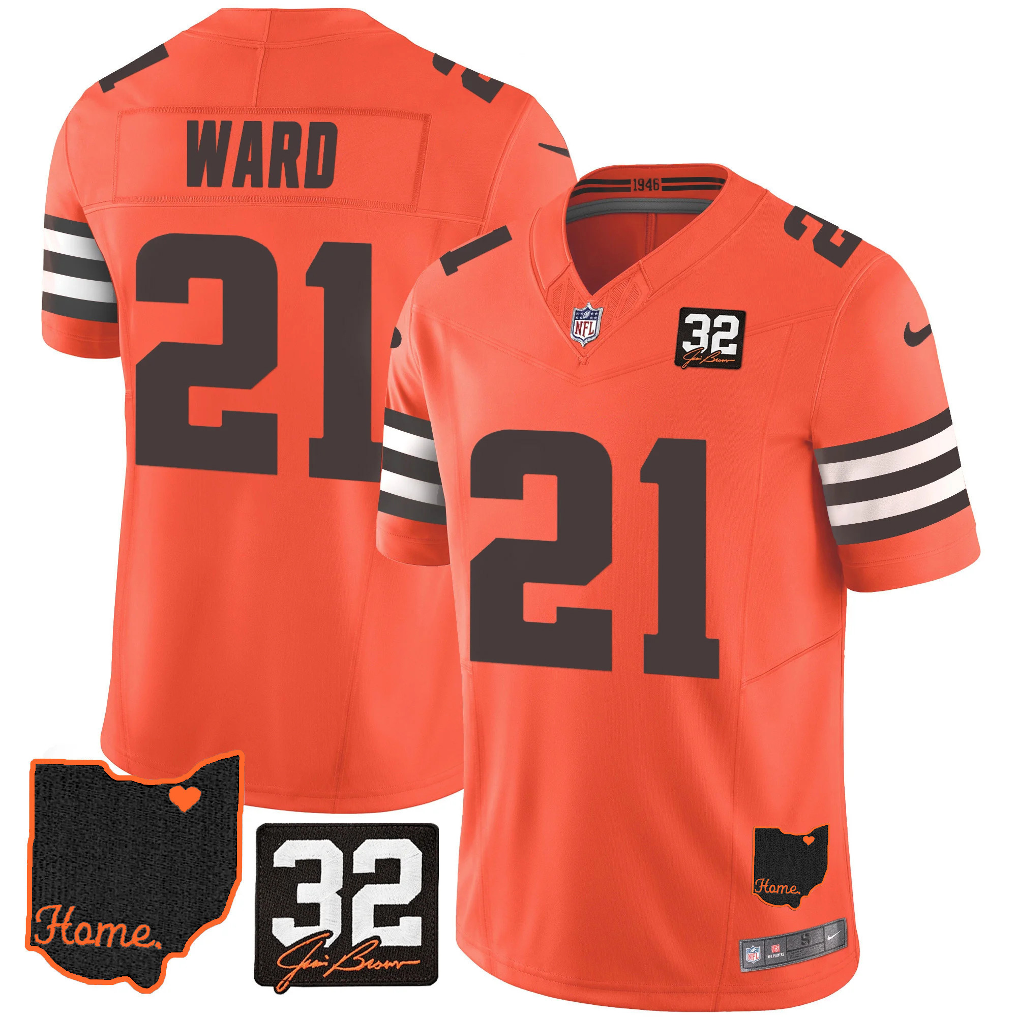 Denzel Ward Men's Cleveland Browns #32 Jim Brown Memorial & Home Patch Orange Jersey - All Stitched