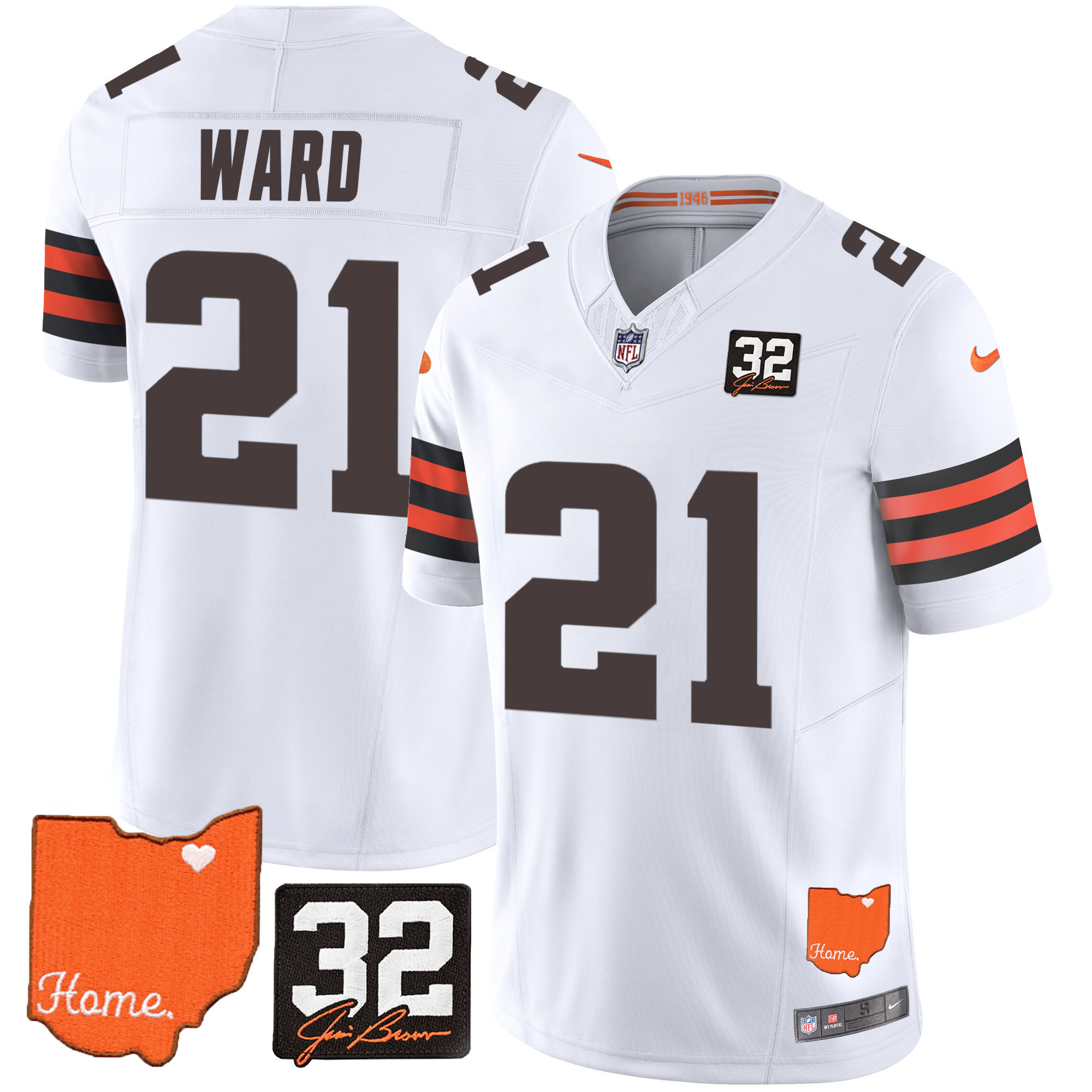 Denzel Ward Men's Cleveland Browns #32 Jim Brown Memorial & Home Patch White Jersey - All Stitched