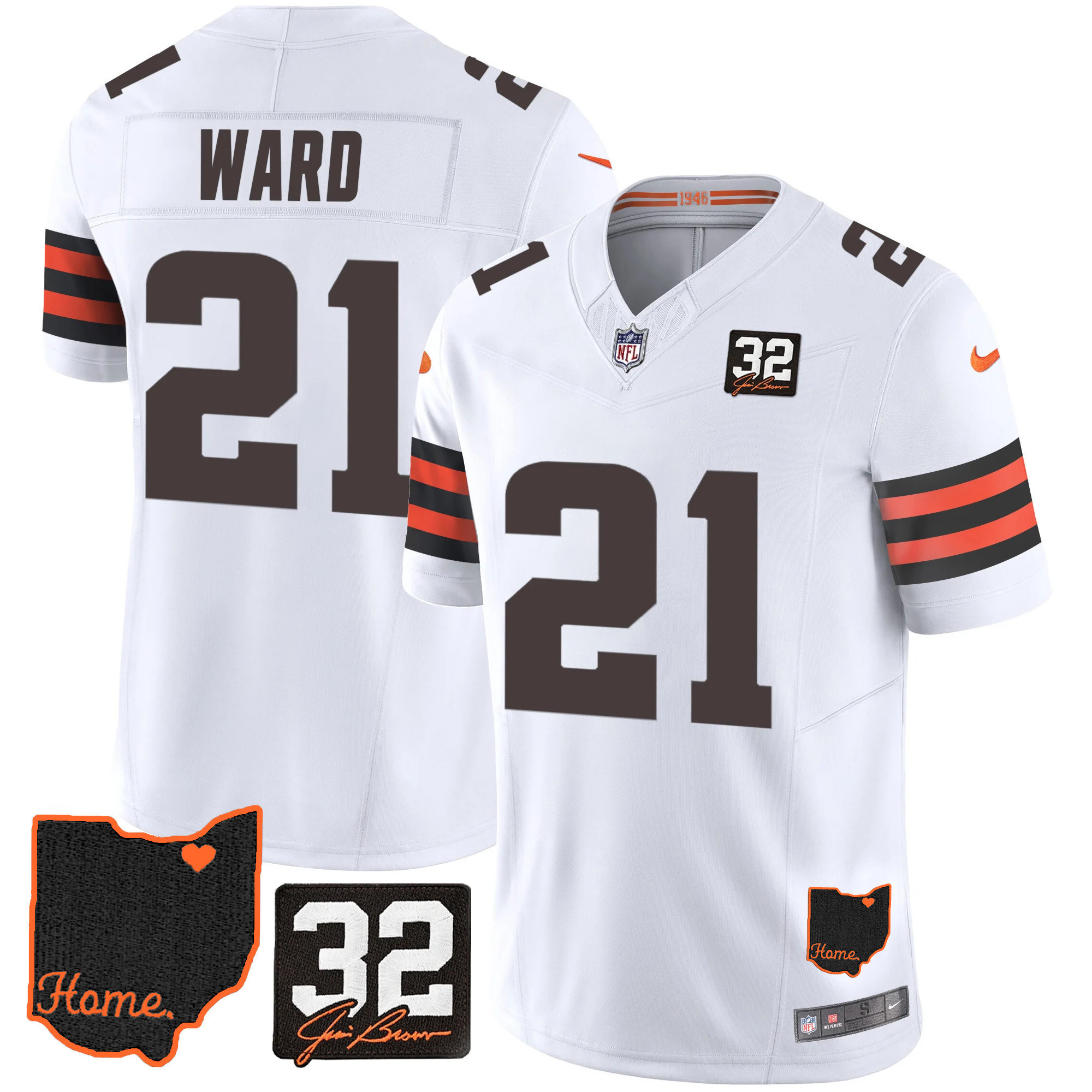 Denzel Ward Men's Cleveland Browns #32 Jim Brown Memorial & Home Patch White Jersey - All Stitched