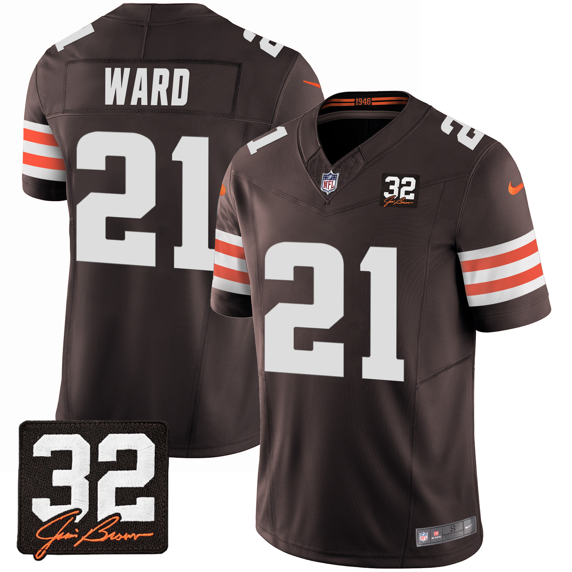 Denzel Ward Men's Cleveland Browns #32 Jim Brown Memorial Patch Brown Jersey - All Stitched